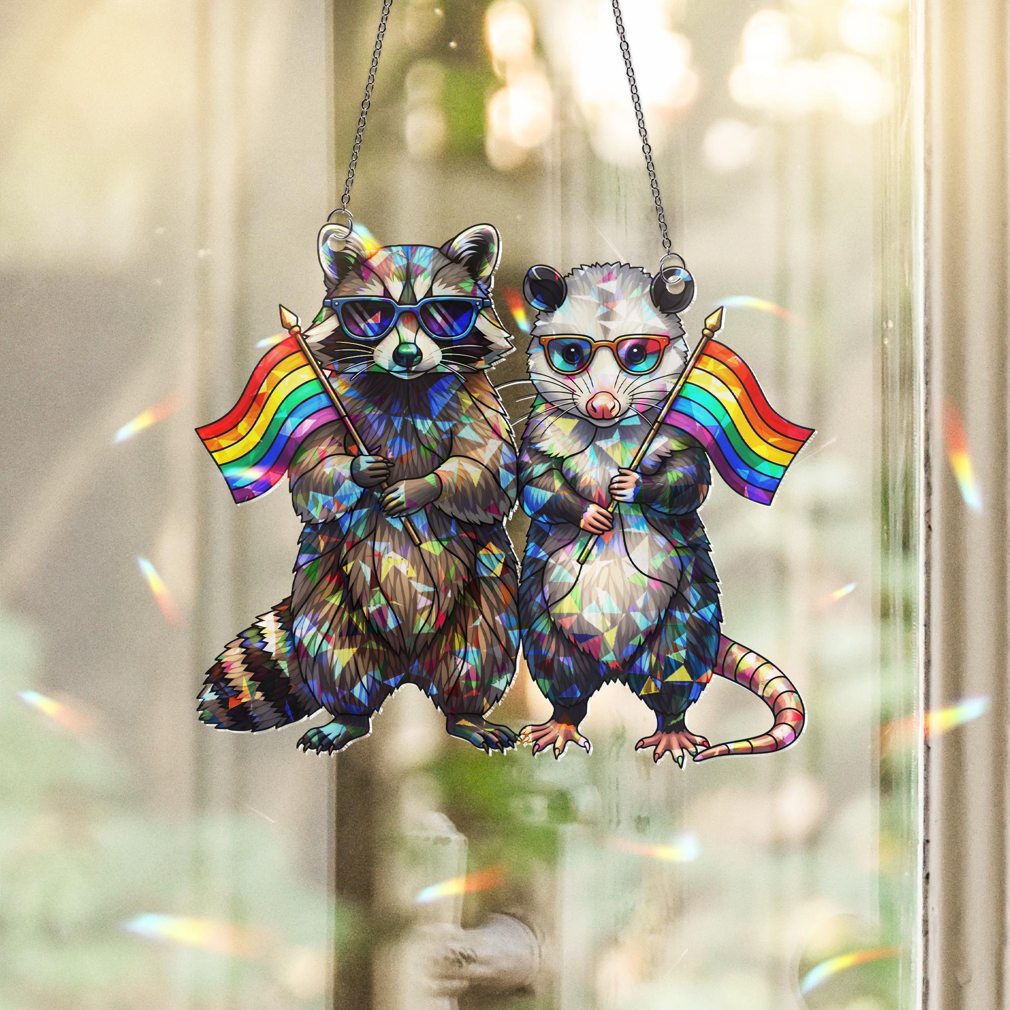 LGBT Acrylic Window Hanging – Raccoon & Opossum with Rainbow Flags, Cute Pride Suncatcher, Queer Animal Decor for Home or Office