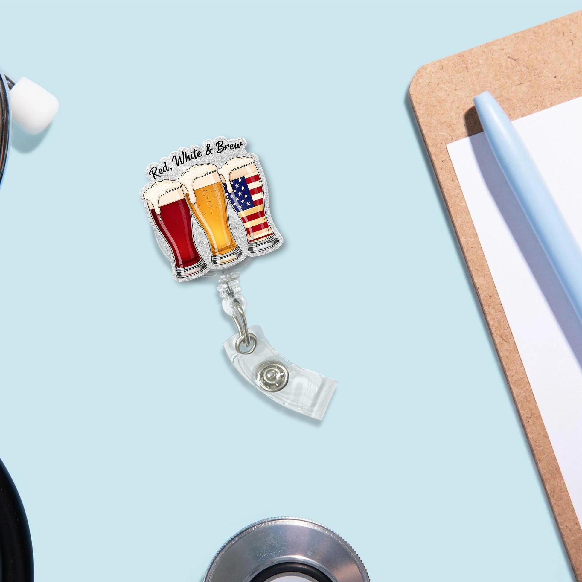 Red White and Brew Badge Reel – Patriotic Beer Nurse ID Holder – USA 4th of July Retractable Badge Clip – Funny RN Gift – Independence Day