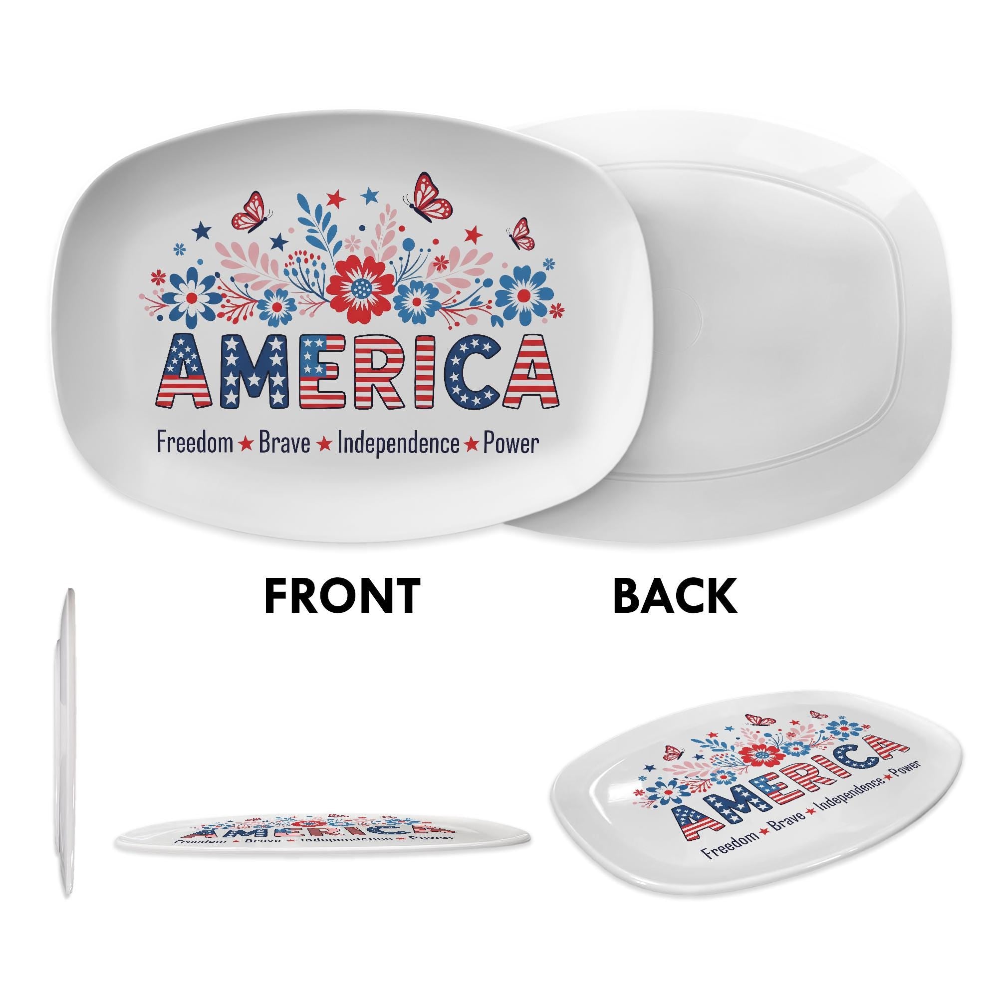 America Patriotic Platter – 4th of July Red White Blue Floral Tray – Independence Day Decor – Summer BBQ Hostess Gift – Freedom Tableware