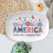 America Patriotic Platter – 4th of July Red White Blue Floral Tray – Independence Day Decor – Summer BBQ Hostess Gift – Freedom Tableware