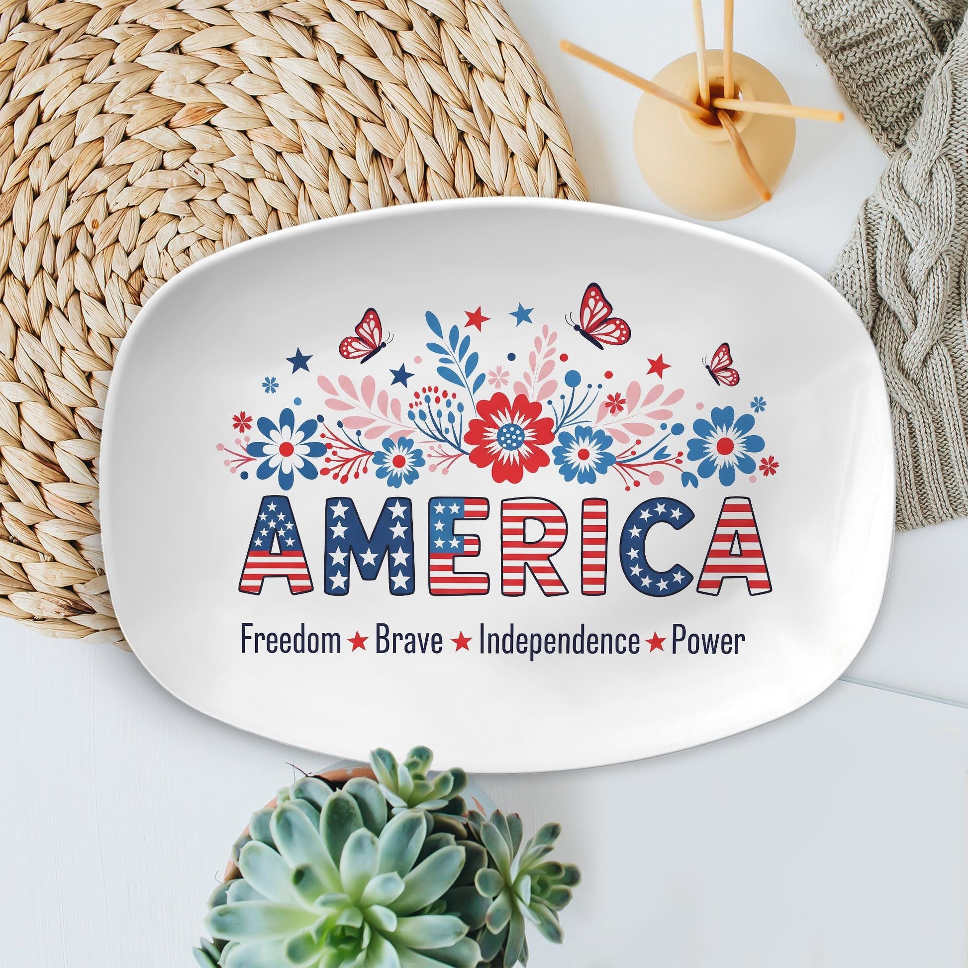 America Patriotic Platter – 4th of July Red White Blue Floral Tray – Independence Day Decor – Summer BBQ Hostess Gift – Freedom Tableware