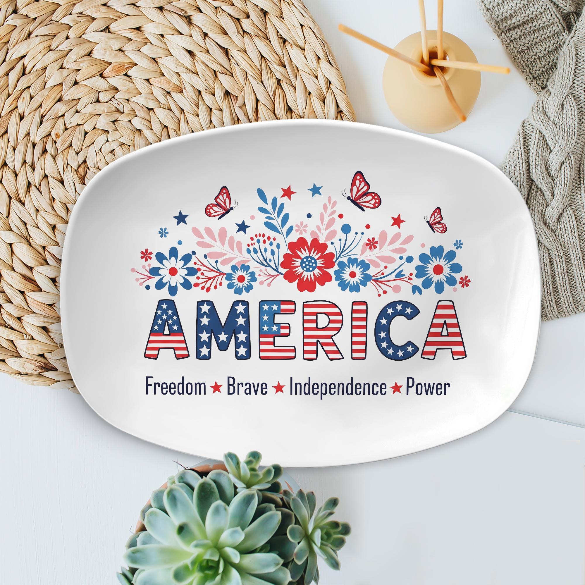 America Patriotic Platter – 4th of July Red White Blue Floral Tray – Independence Day Decor – Summer BBQ Hostess Gift – Freedom Tableware