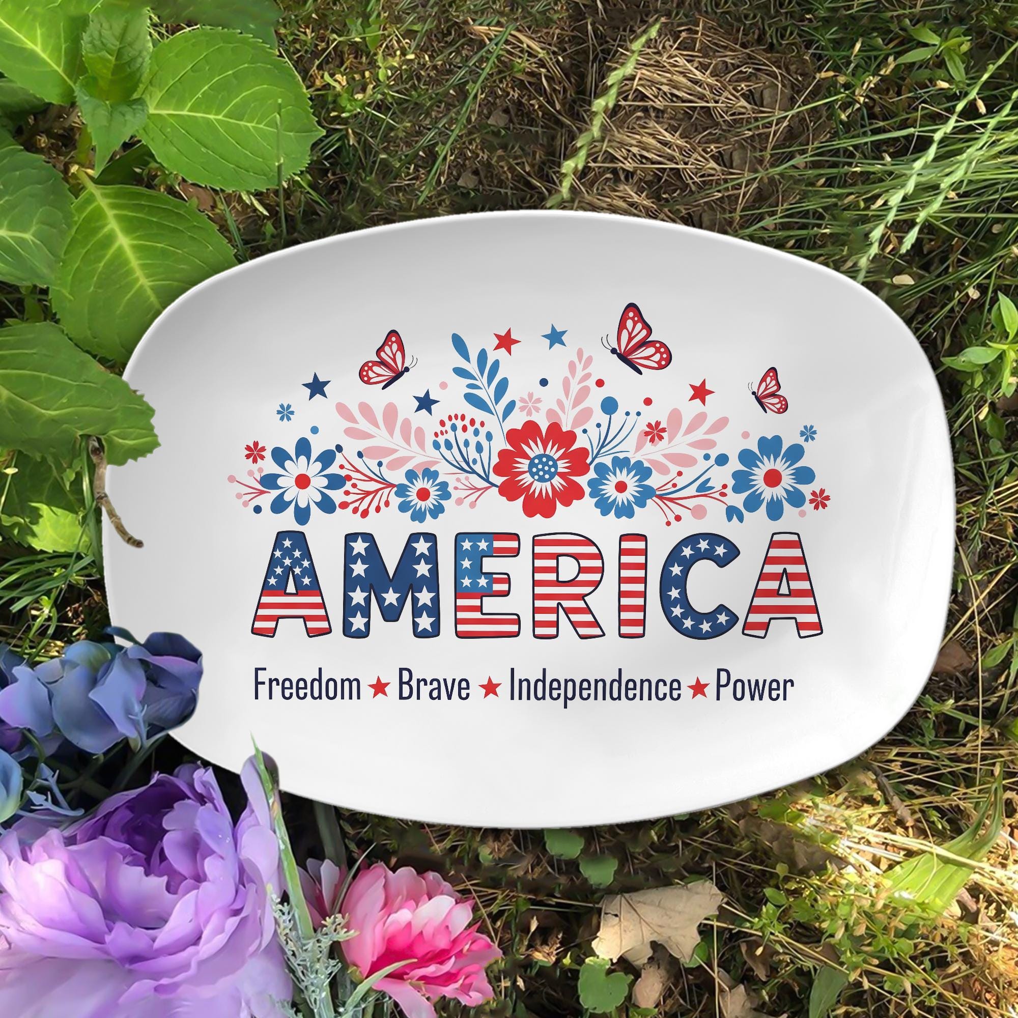 America Patriotic Platter – 4th of July Red White Blue Floral Tray – Independence Day Decor – Summer BBQ Hostess Gift – Freedom Tableware