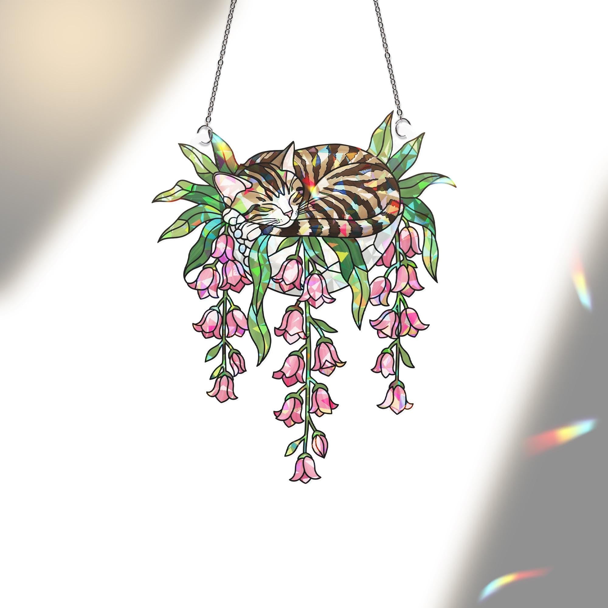 Tabby Cat with Pink Lily Flowers Hologram Ornament – Sleeping Tabby ACRYLIC Hanging Window Decor, Lily Floral Glass Art Gift, Cat Lover Gift