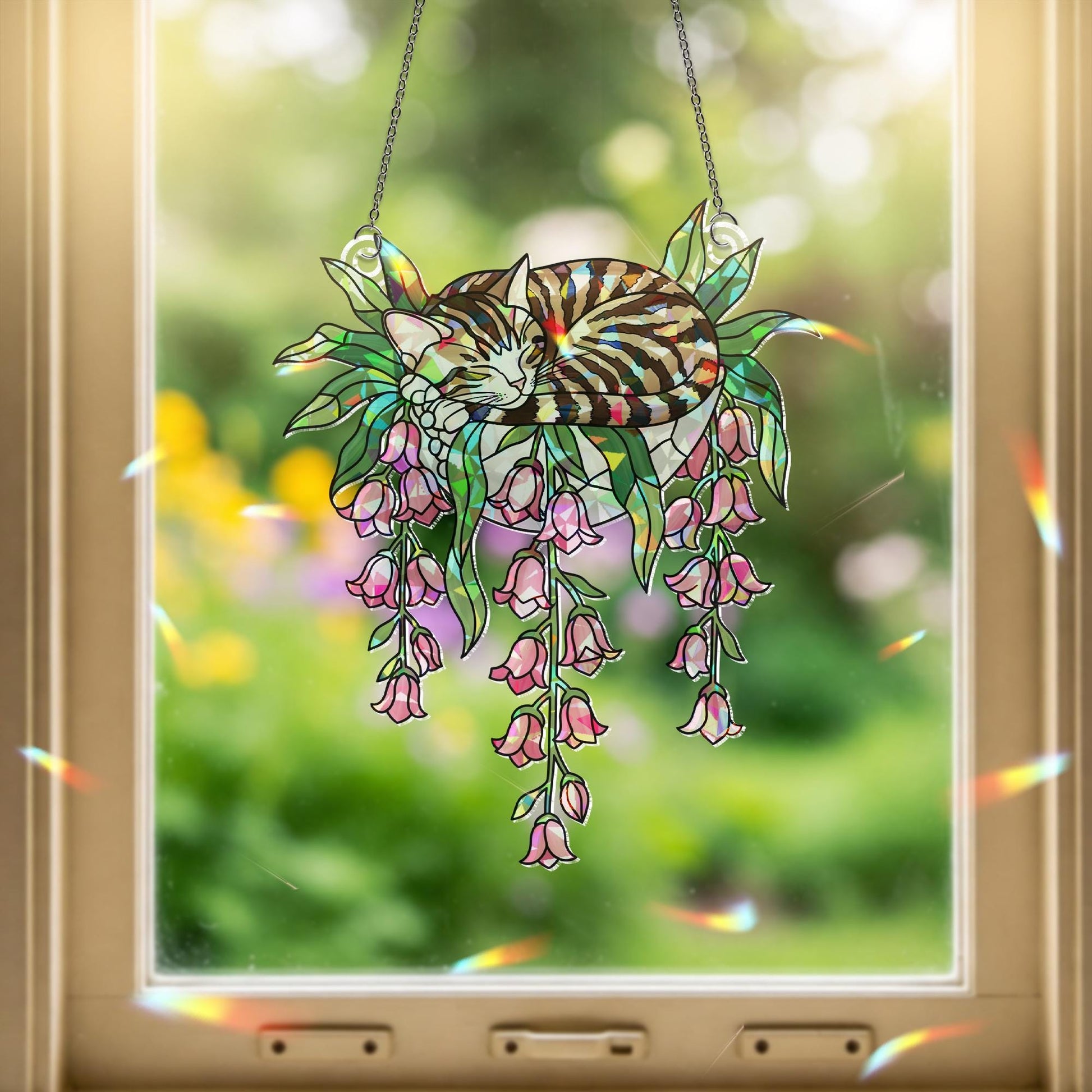 Tabby Cat with Pink Lily Flowers Hologram Ornament – Sleeping Tabby ACRYLIC Hanging Window Decor, Lily Floral Glass Art Gift, Cat Lover Gift
