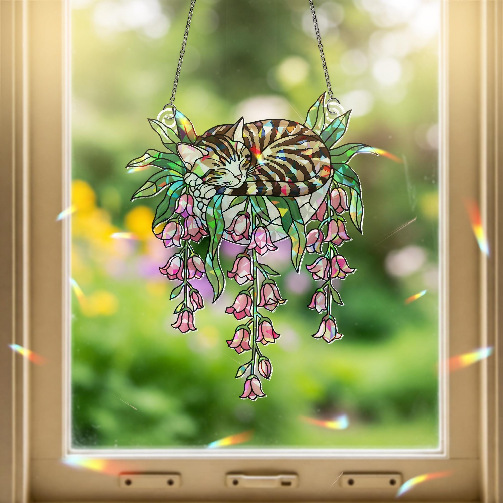 Tabby Cat with Pink Lily Flowers Hologram Ornament – Sleeping Tabby ACRYLIC Hanging Window Decor, Lily Floral Glass Art Gift, Cat Lover Gift