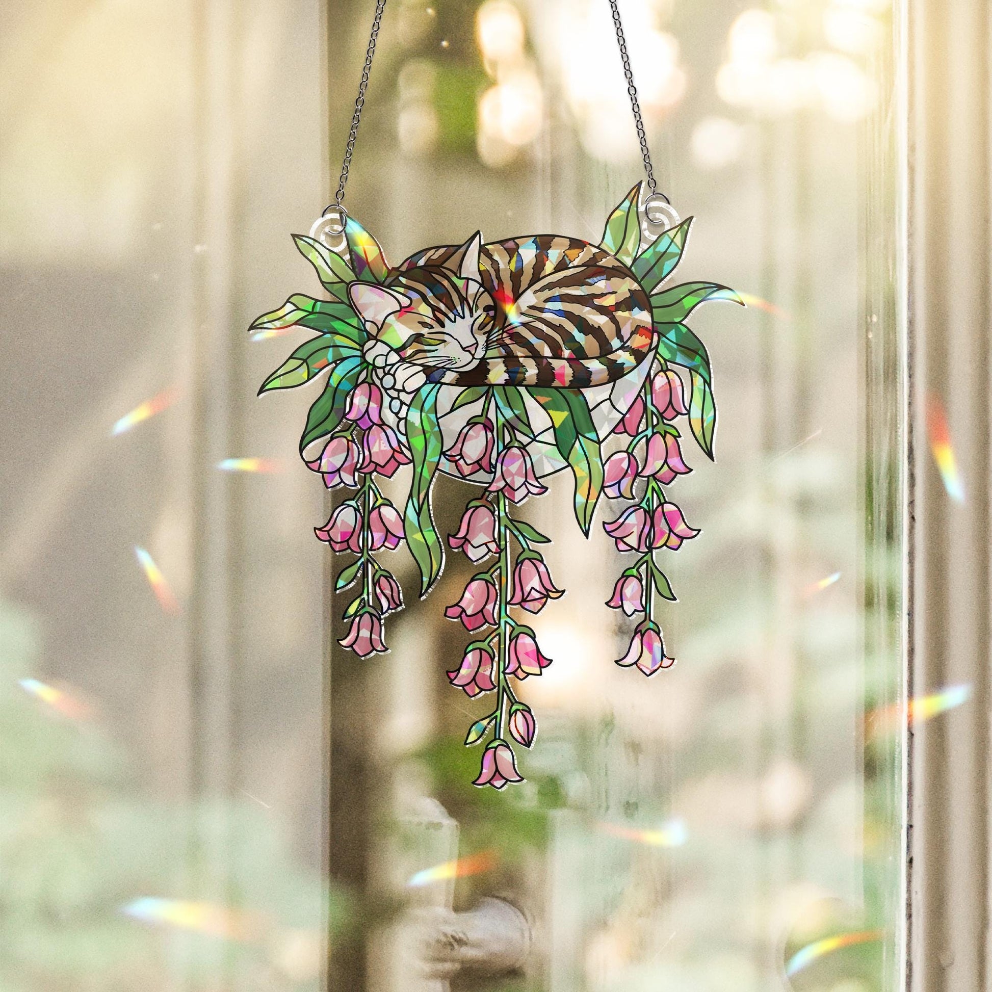 Tabby Cat with Pink Lily Flowers Hologram Ornament – Sleeping Tabby ACRYLIC Hanging Window Decor, Lily Floral Glass Art Gift, Cat Lover Gift