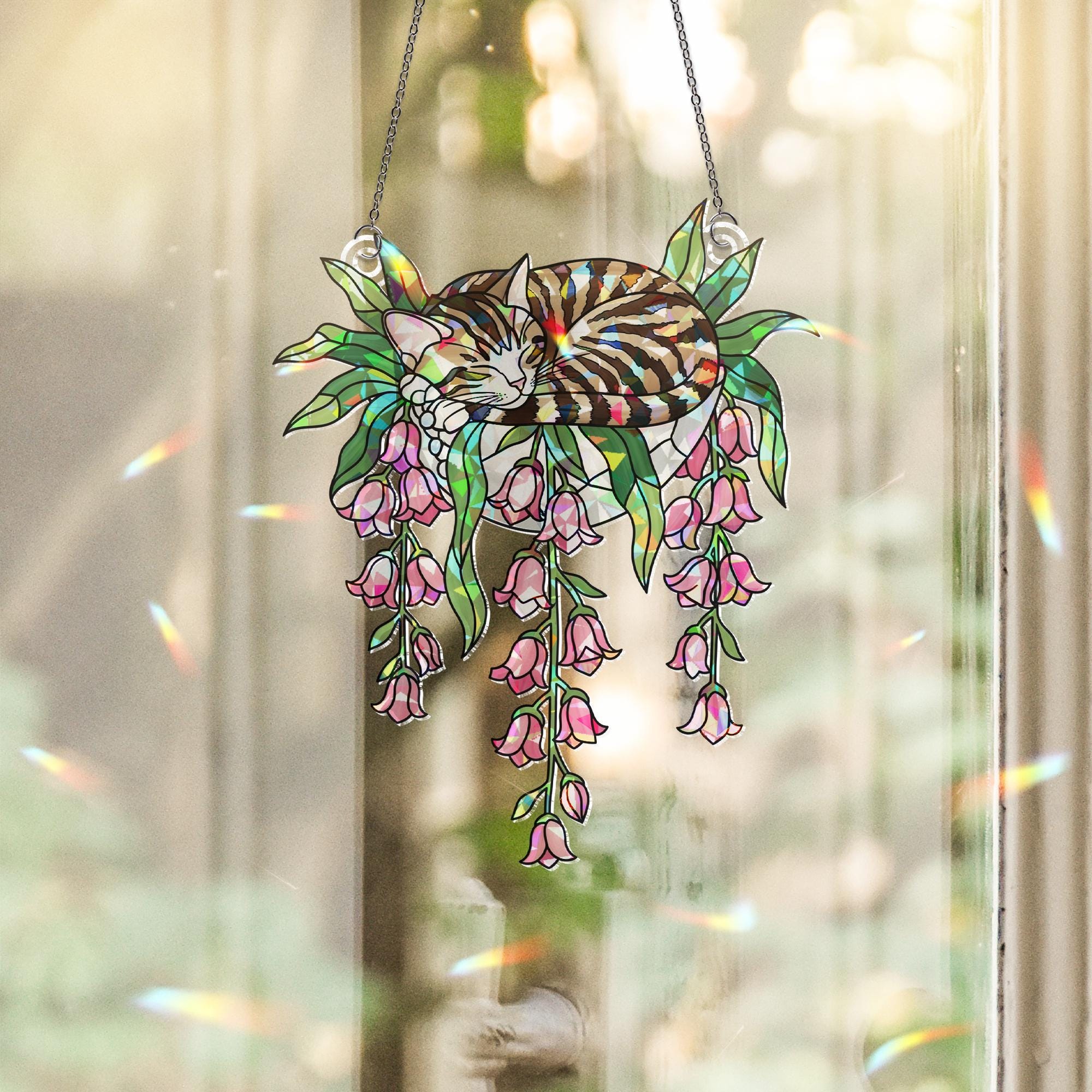 Tabby Cat with Pink Lily Flowers Hologram Ornament – Sleeping Tabby ACRYLIC Hanging Window Decor, Lily Floral Glass Art Gift, Cat Lover Gift
