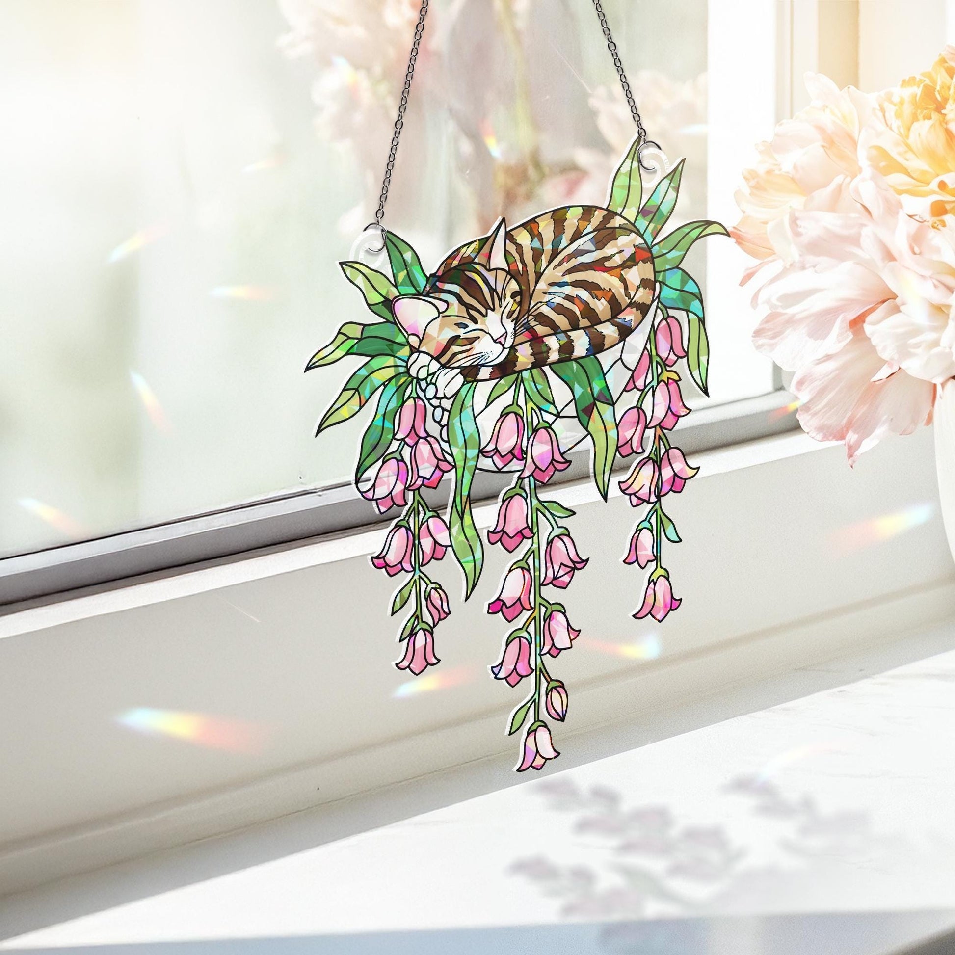 Tabby Cat with Pink Lily Flowers Hologram Ornament – Sleeping Tabby ACRYLIC Hanging Window Decor, Lily Floral Glass Art Gift, Cat Lover Gift