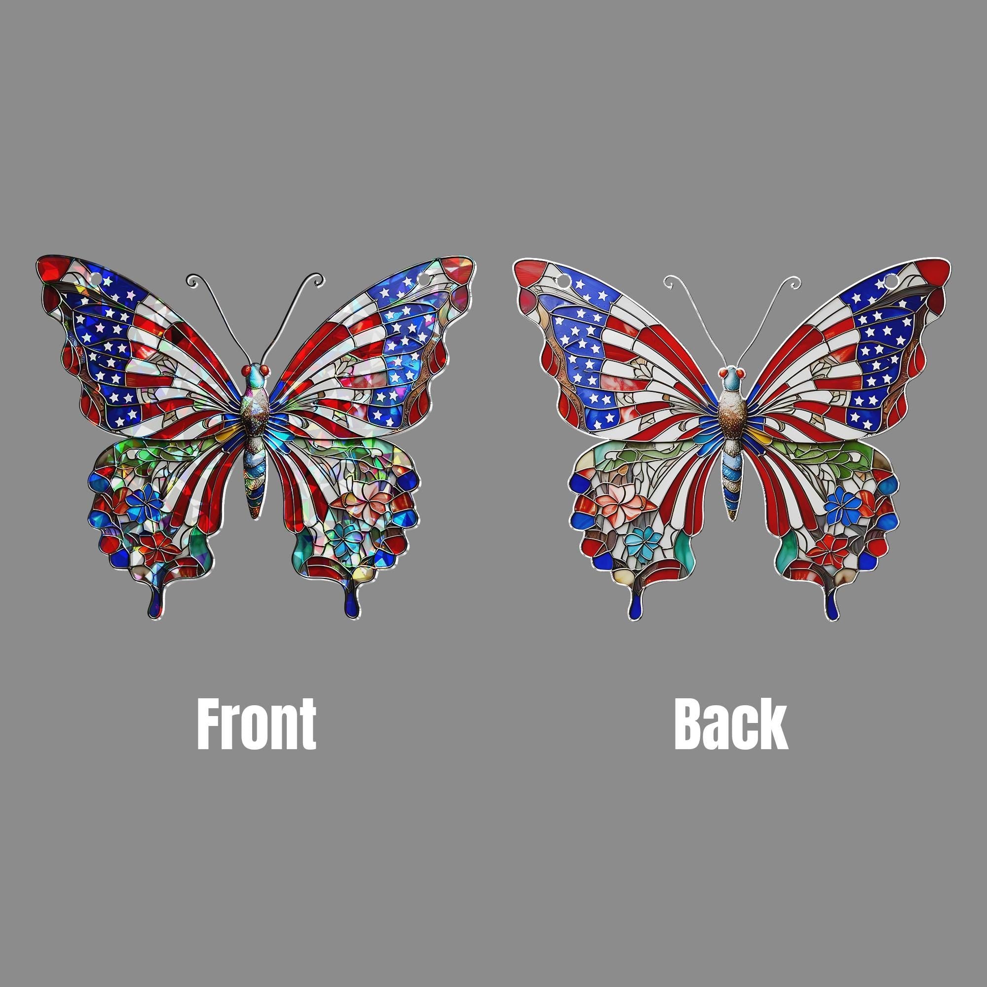 Patriotic Butterfly Window Hanging – 4th of July Hologram Acrylic Suncatcher – Red White Blue USA Decor – Summer Window Ornament