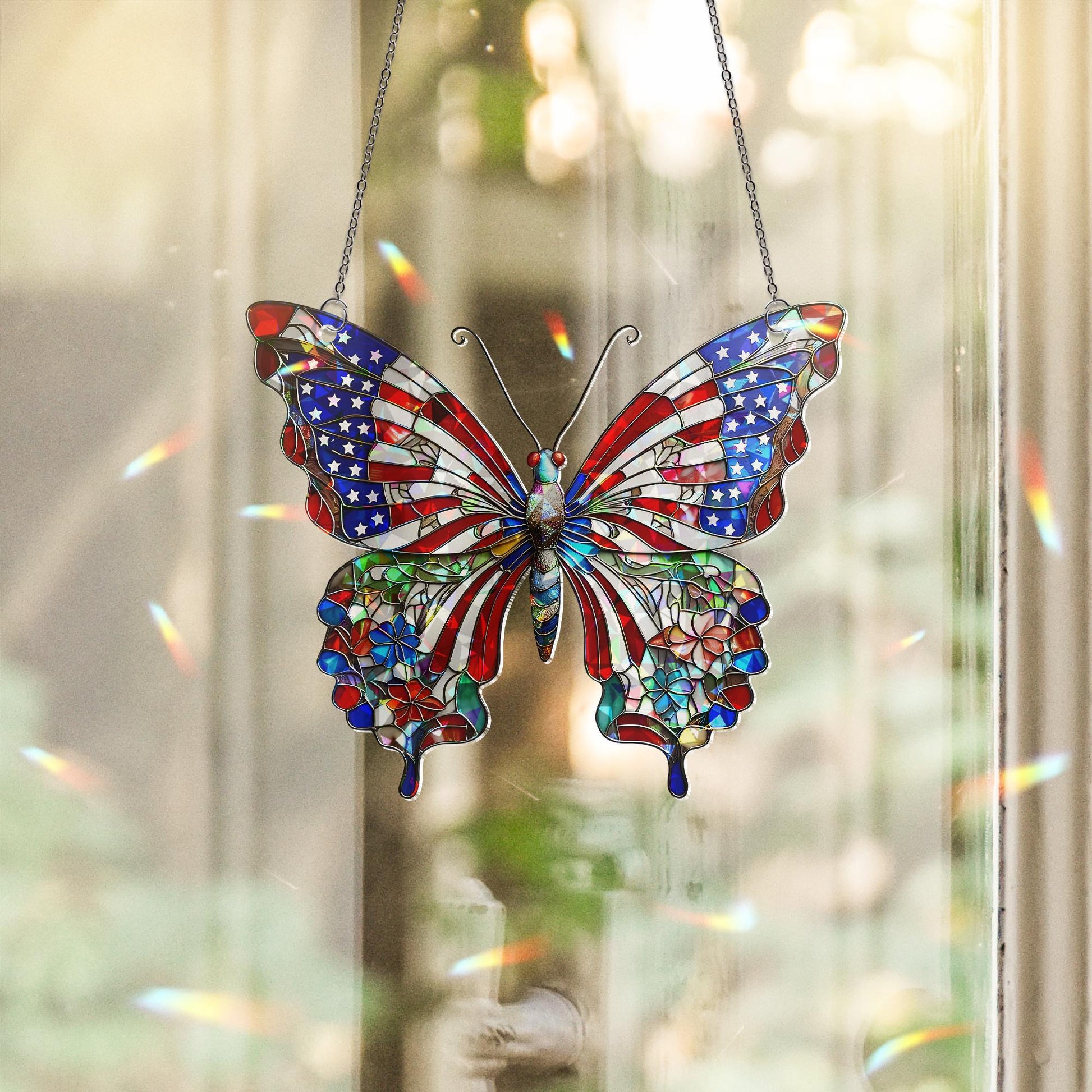 Patriotic Butterfly Window Hanging – 4th of July Hologram Acrylic Suncatcher – Red White Blue USA Decor – Summer Window Ornament