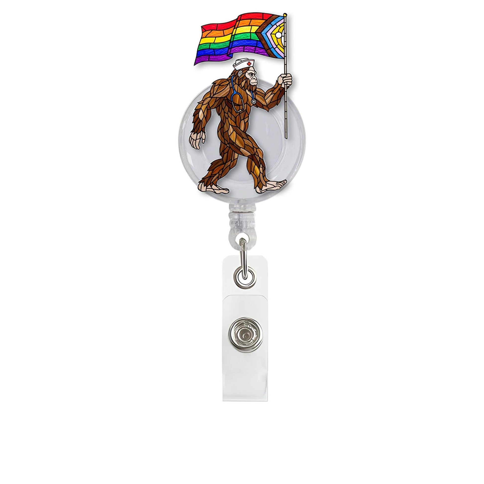 Bigfoot Pride Badge Reel, LGBTQ Nurse ID Holder, Retractable Badge Reel, Rainbow Flag Bigfoot Clip, Healthcare Worker ,Bigfoot Nurse Clip