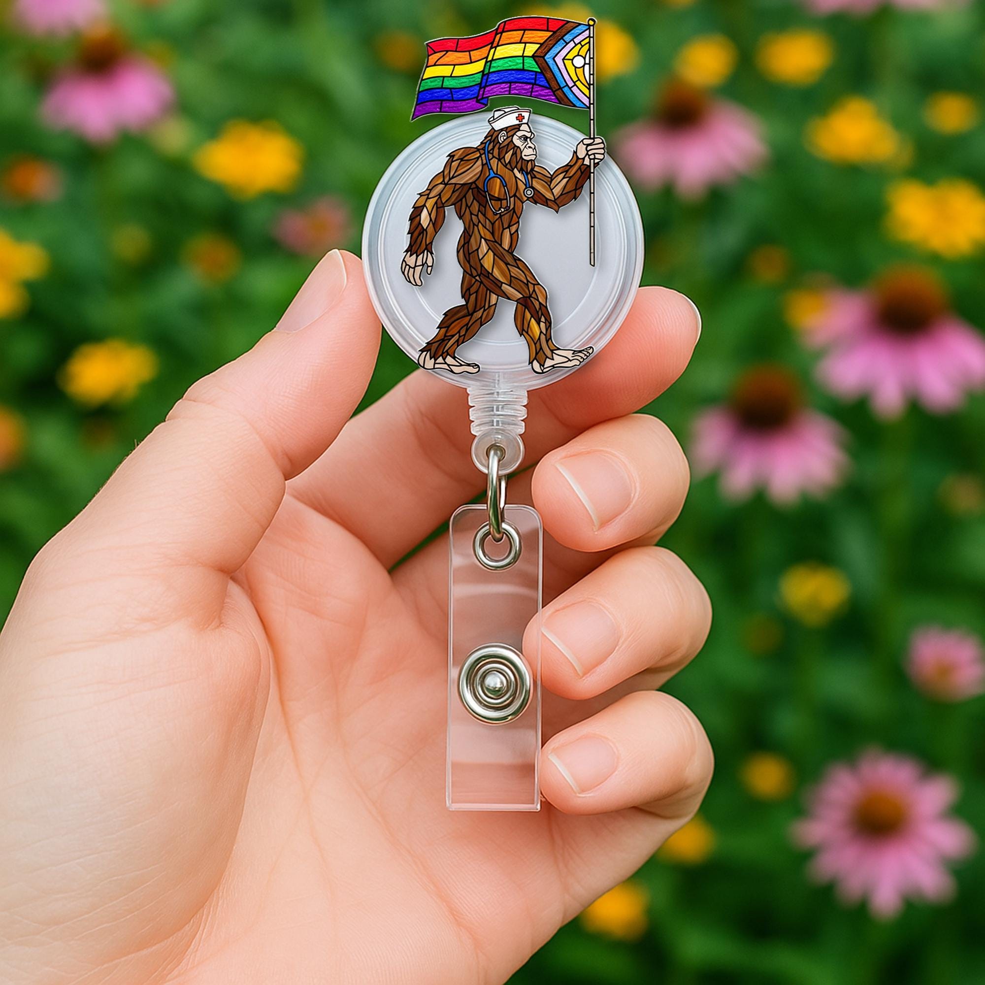 Bigfoot Pride Badge Reel, LGBTQ Nurse ID Holder, Retractable Badge Reel, Rainbow Flag Bigfoot Clip, Healthcare Worker ,Bigfoot Nurse Clip