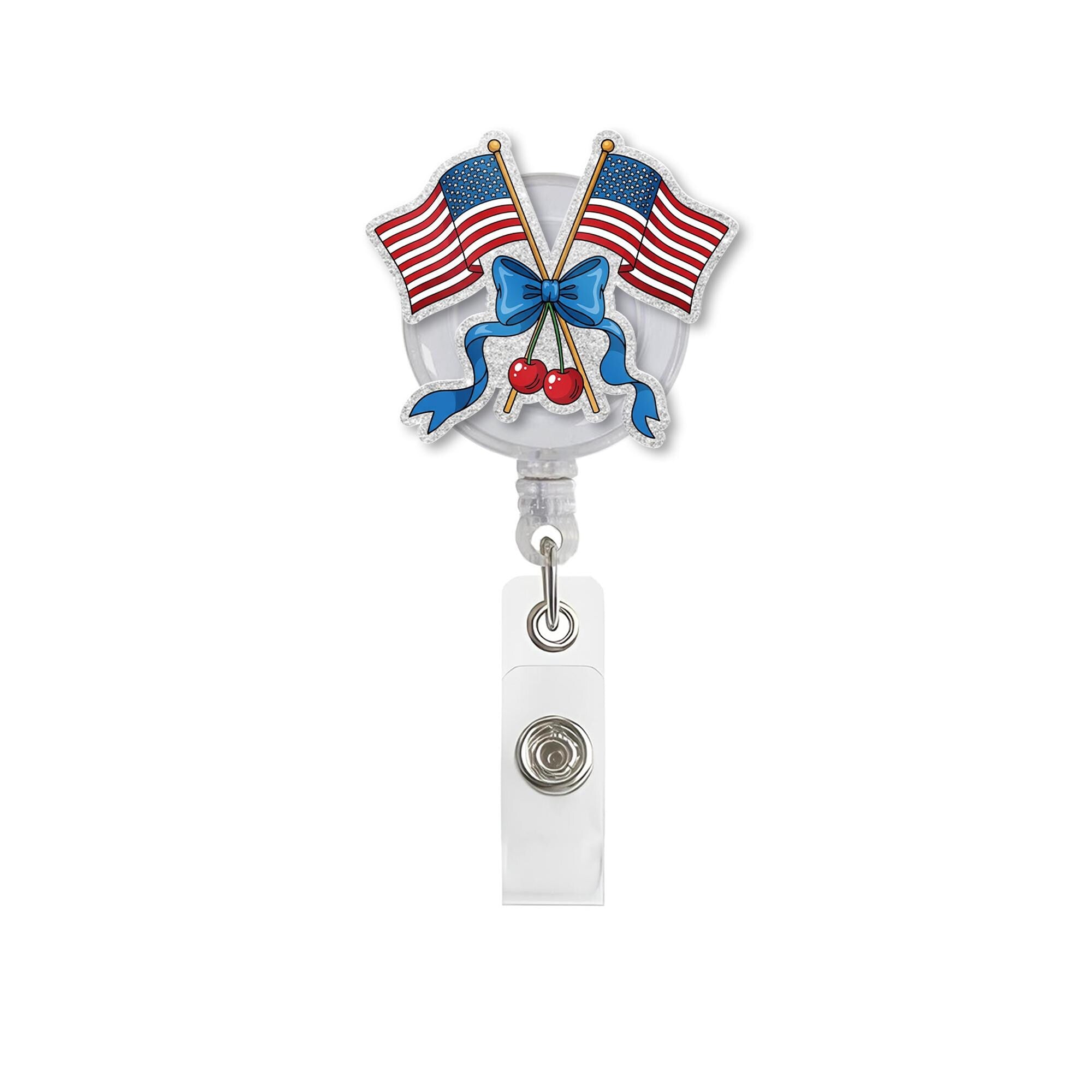 Patriotic Cherry Badge Reel – 4th of July American Flag Bow ID Clip – Cute Retractable Badge Holder for Nurse, Teacher, Office