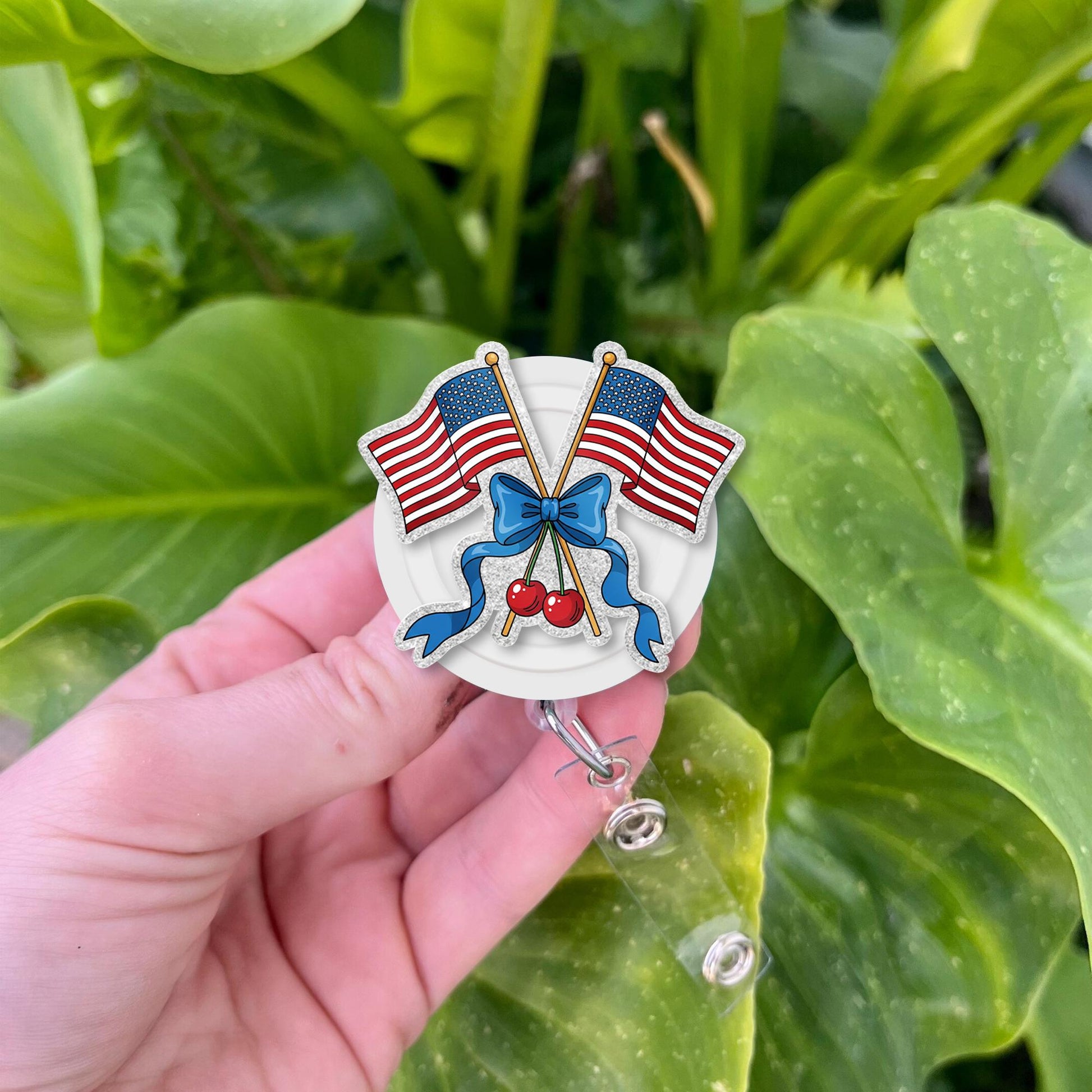 Patriotic Cherry Badge Reel – 4th of July American Flag Bow ID Clip – Cute Retractable Badge Holder for Nurse, Teacher, Office