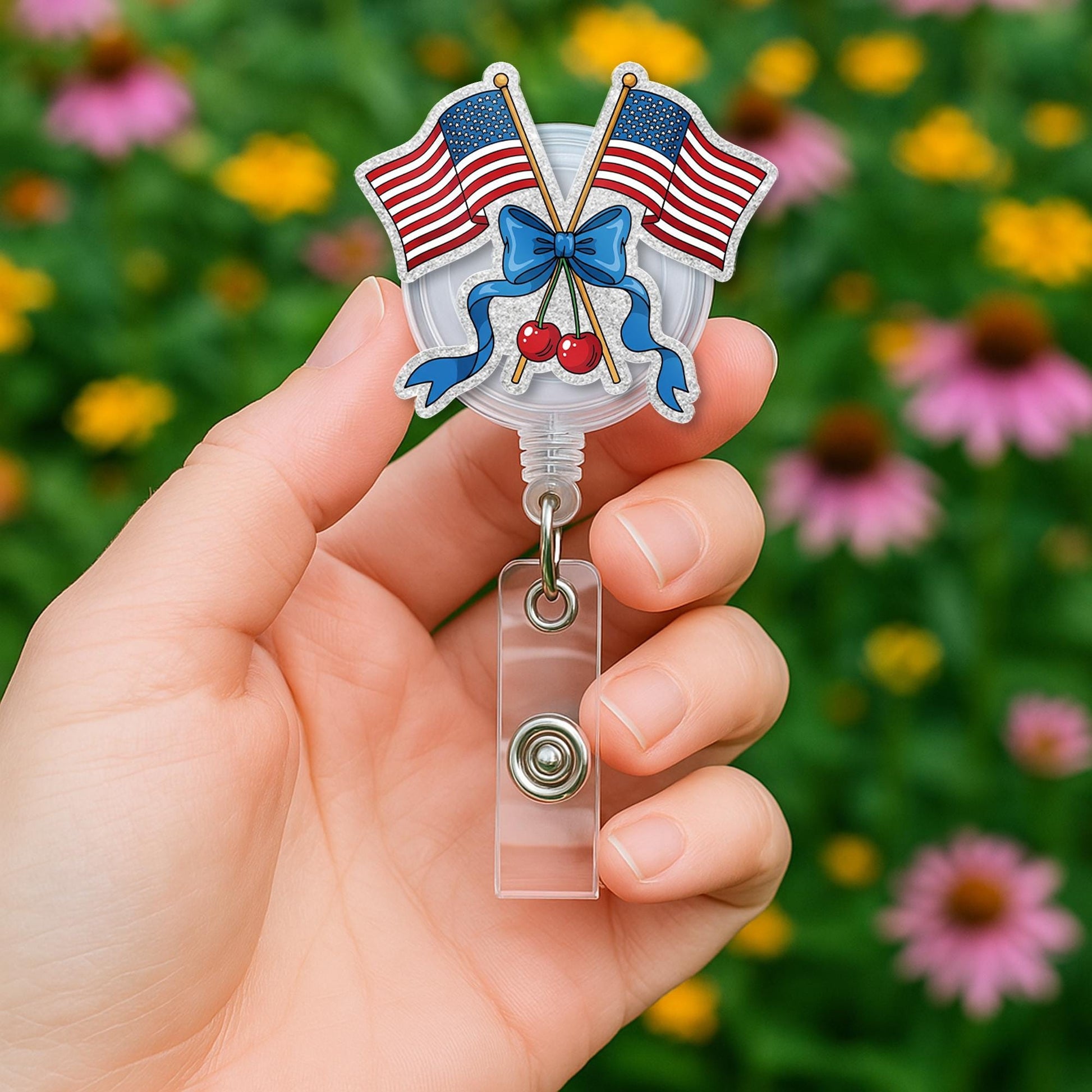 Patriotic Cherry Badge Reel – 4th of July American Flag Bow ID Clip – Cute Retractable Badge Holder for Nurse, Teacher, Office