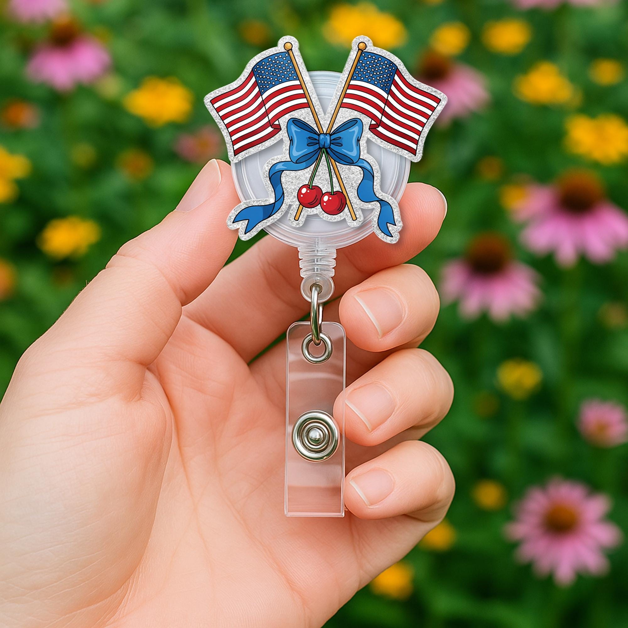 Patriotic Cherry Badge Reel – 4th of July American Flag Bow ID Clip – Cute Retractable Badge Holder for Nurse, Teacher, Office