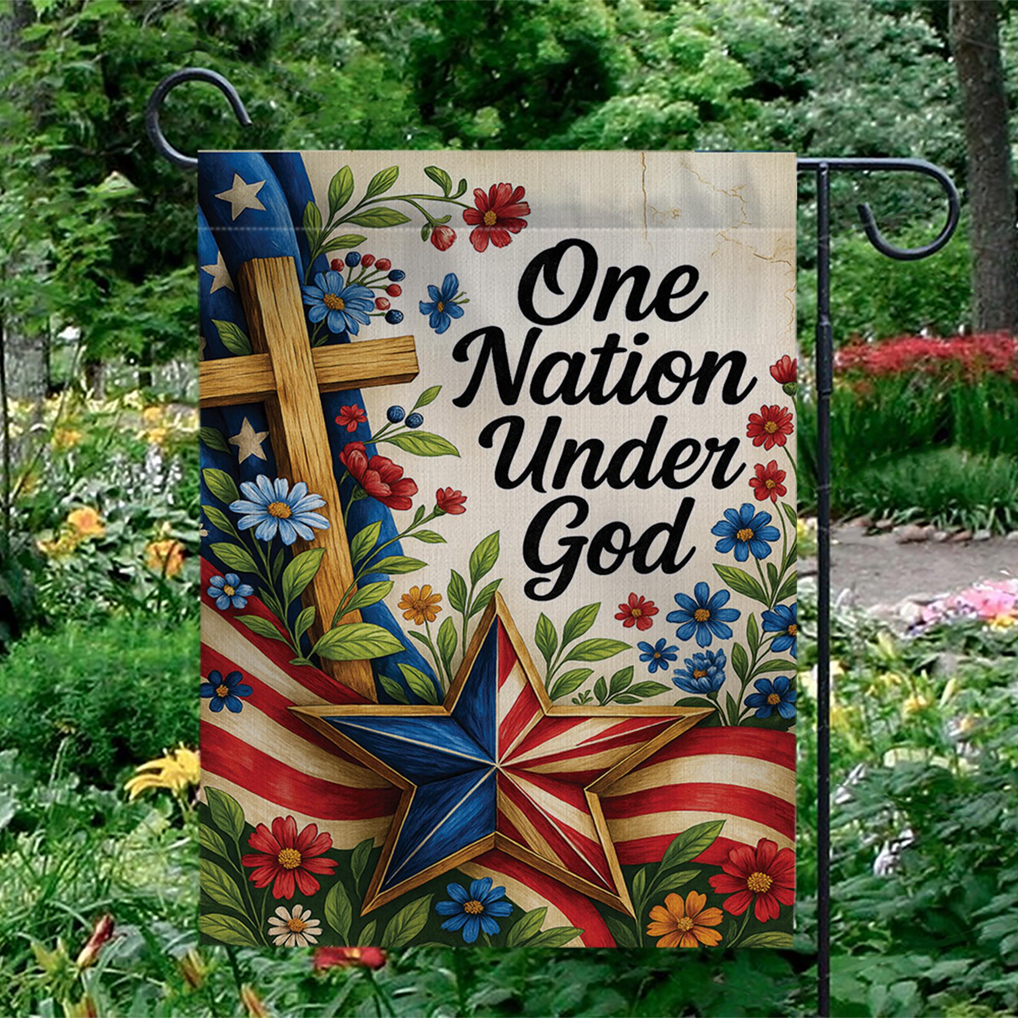 One Nation Under God Garden Flag – Christian Patriotic Outdoor Banner – Cross and Floral Yard Decor – 4th of July Faith Flag USA