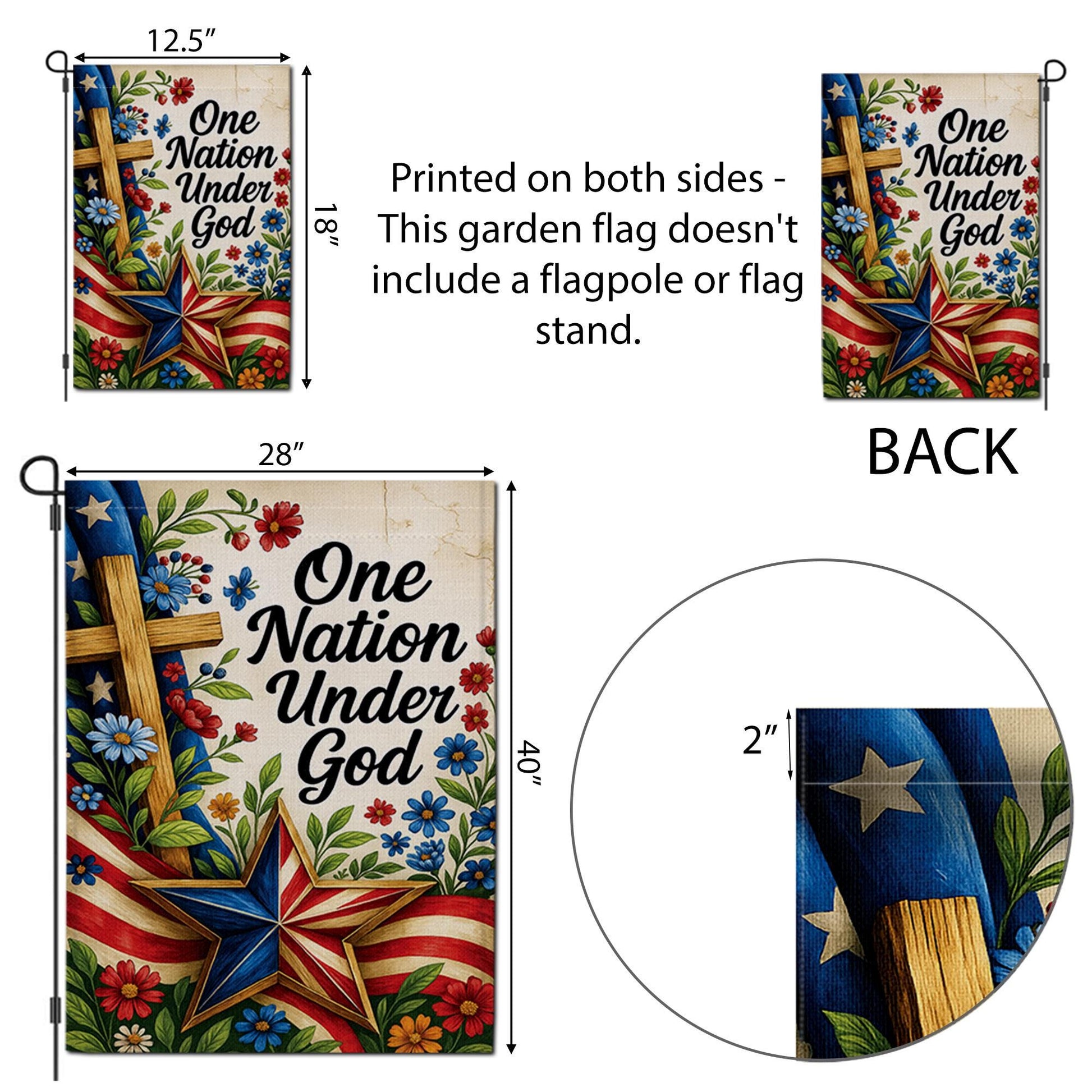 One Nation Under God Garden Flag – Christian Patriotic Outdoor Banner – Cross and Floral Yard Decor – 4th of July Faith Flag USA