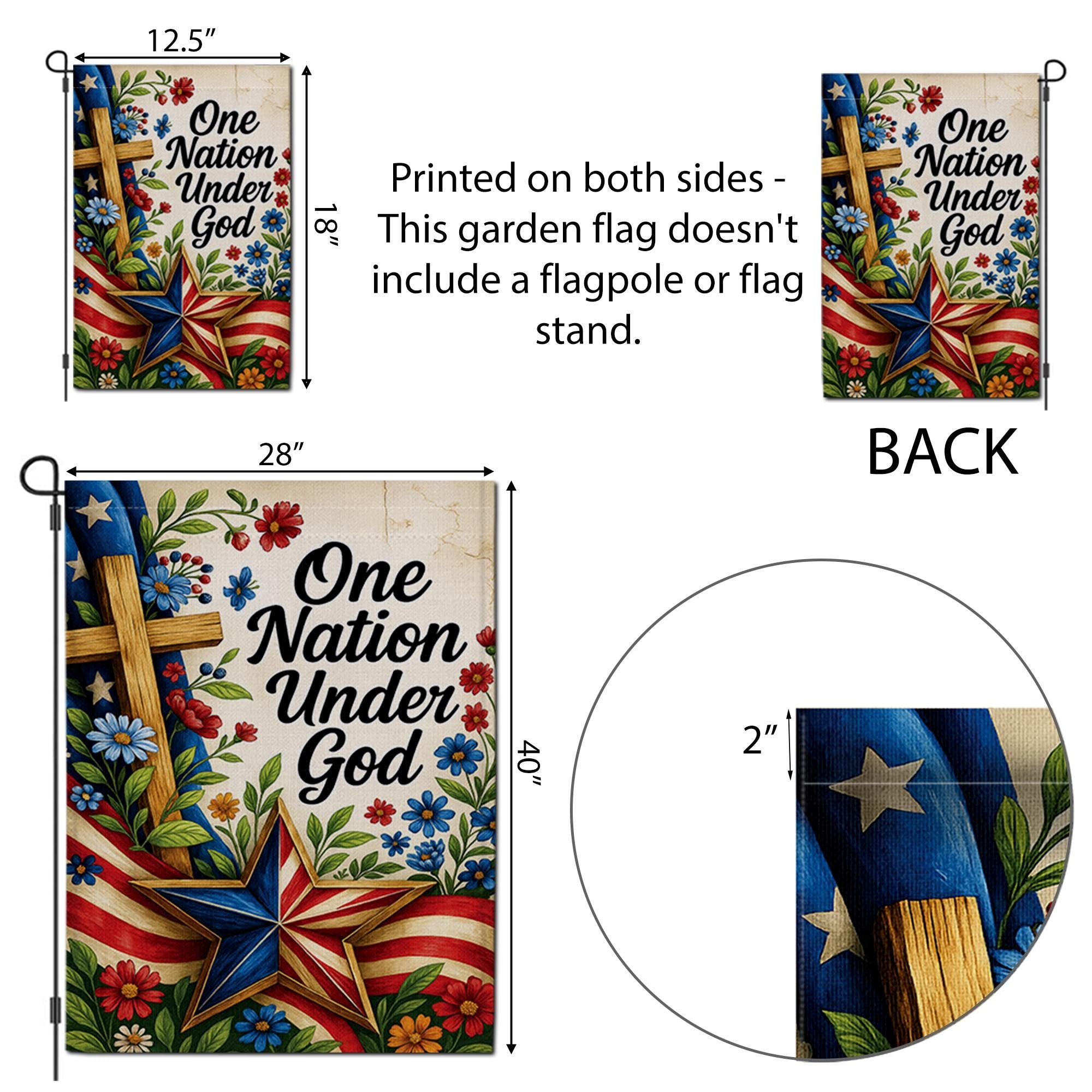 One Nation Under God Garden Flag – Christian Patriotic Outdoor Banner – Cross and Floral Yard Decor – 4th of July Faith Flag USA