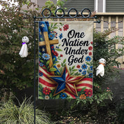 One Nation Under God Garden Flag – Christian Patriotic Outdoor Banner – Cross and Floral Yard Decor – 4th of July Faith Flag USA