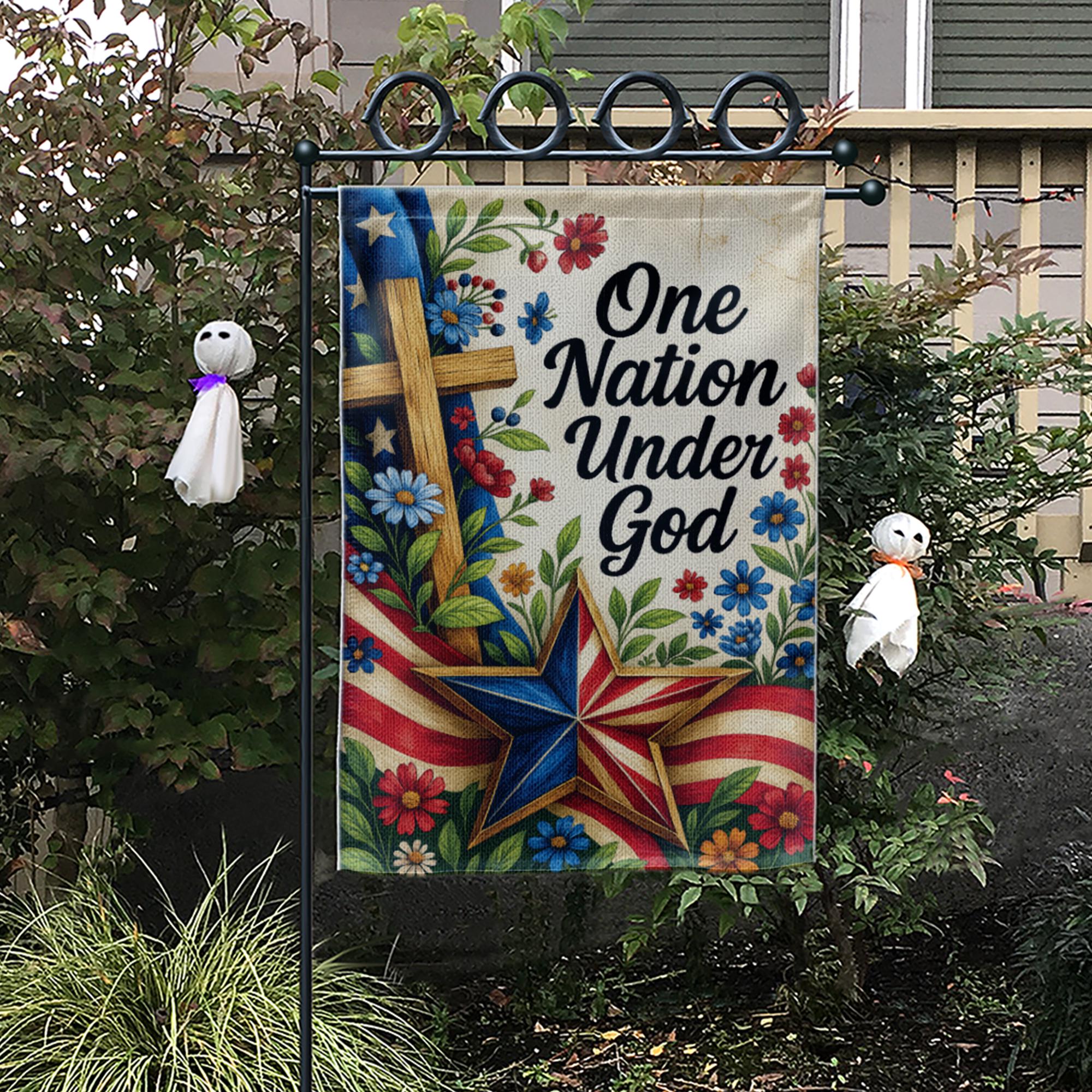 One Nation Under God Garden Flag – Christian Patriotic Outdoor Banner – Cross and Floral Yard Decor – 4th of July Faith Flag USA