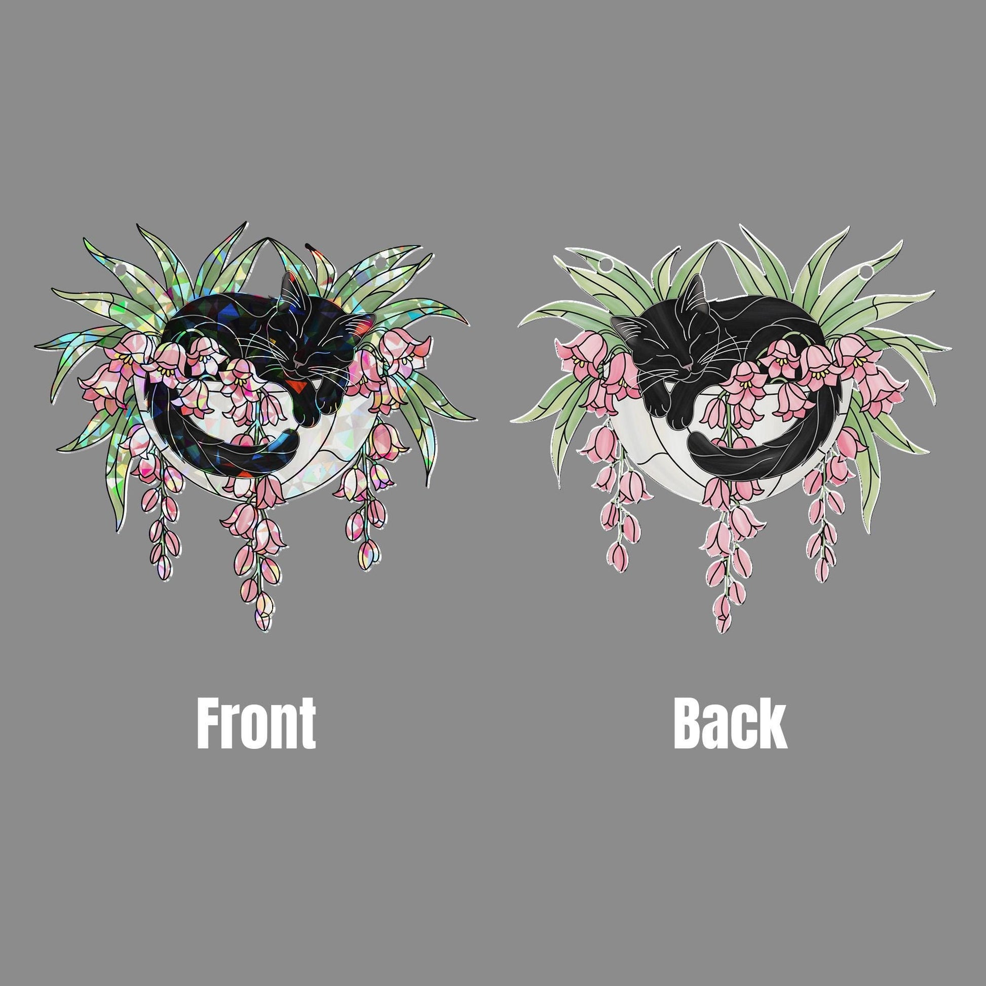 Black Cat with Pink Lily Flowers Hologram Ornament – Sleeping Black Cat ACRYLIC Hanging Window Decor, Lily Floral Art Gift, Cat Lover Gift