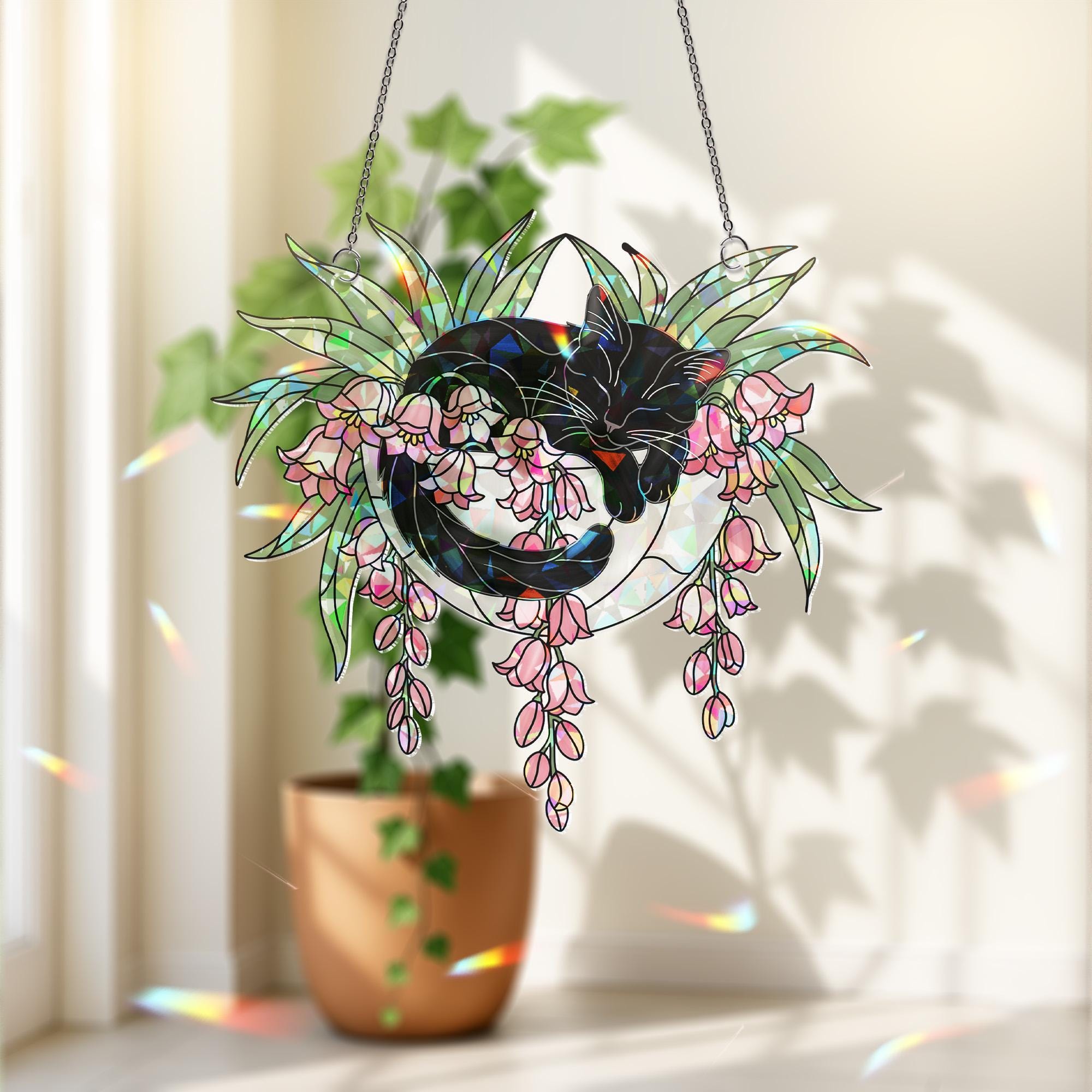 Black Cat with Pink Lily Flowers Hologram Ornament – Sleeping Black Cat ACRYLIC Hanging Window Decor, Lily Floral Art Gift, Cat Lover Gift