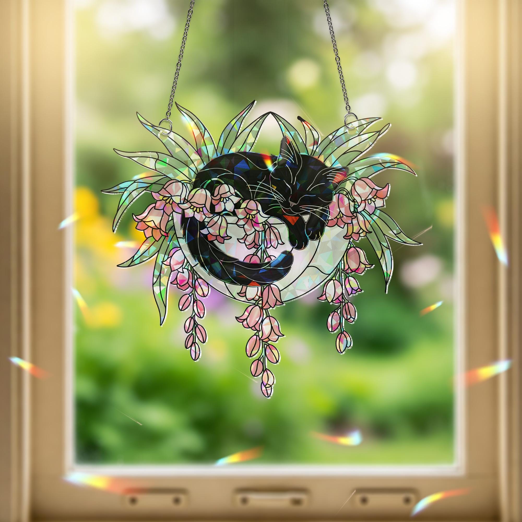 Black Cat with Pink Lily Flowers Hologram Ornament – Sleeping Black Cat ACRYLIC Hanging Window Decor, Lily Floral Art Gift, Cat Lover Gift
