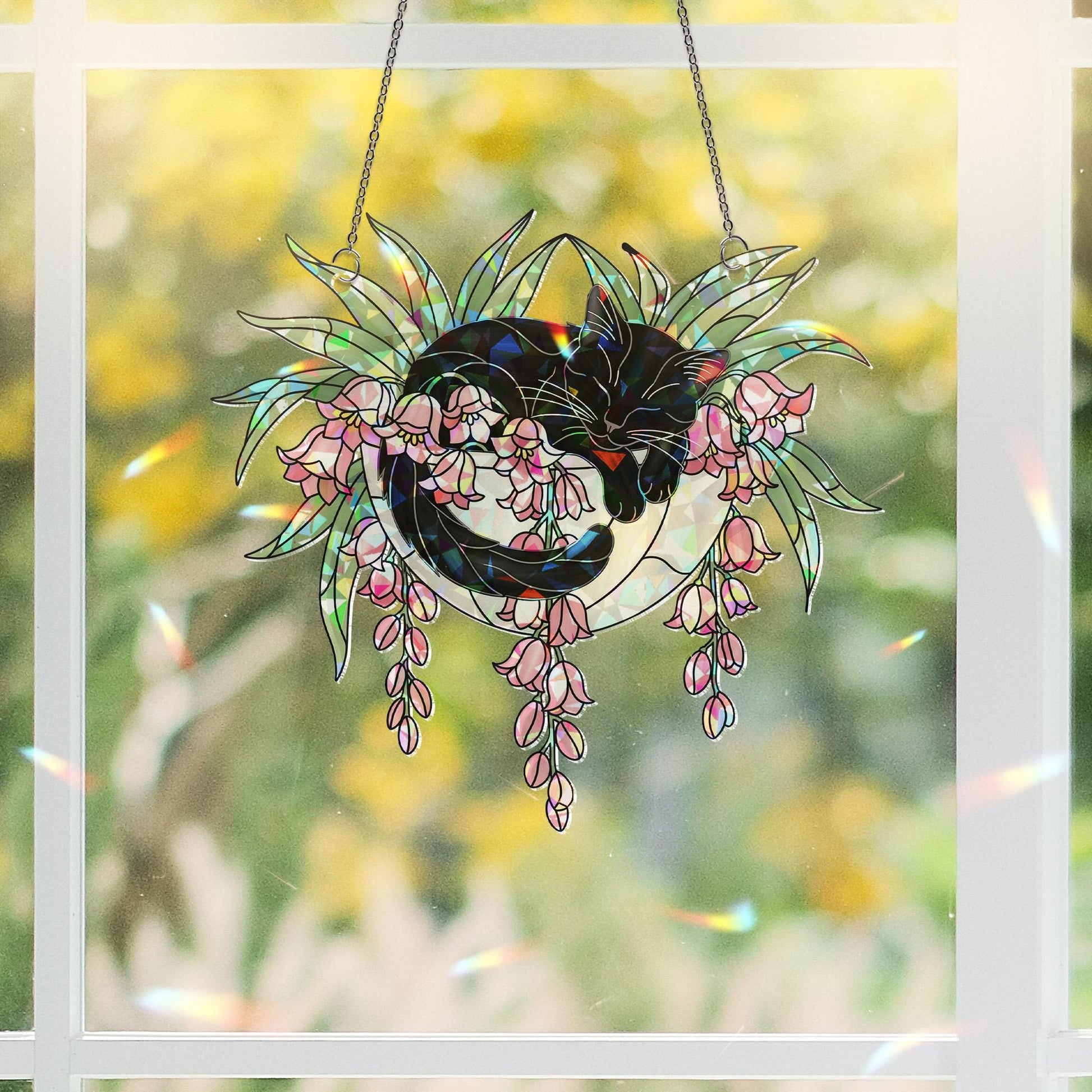 Black Cat with Pink Lily Flowers Hologram Ornament – Sleeping Black Cat ACRYLIC Hanging Window Decor, Lily Floral Art Gift, Cat Lover Gift