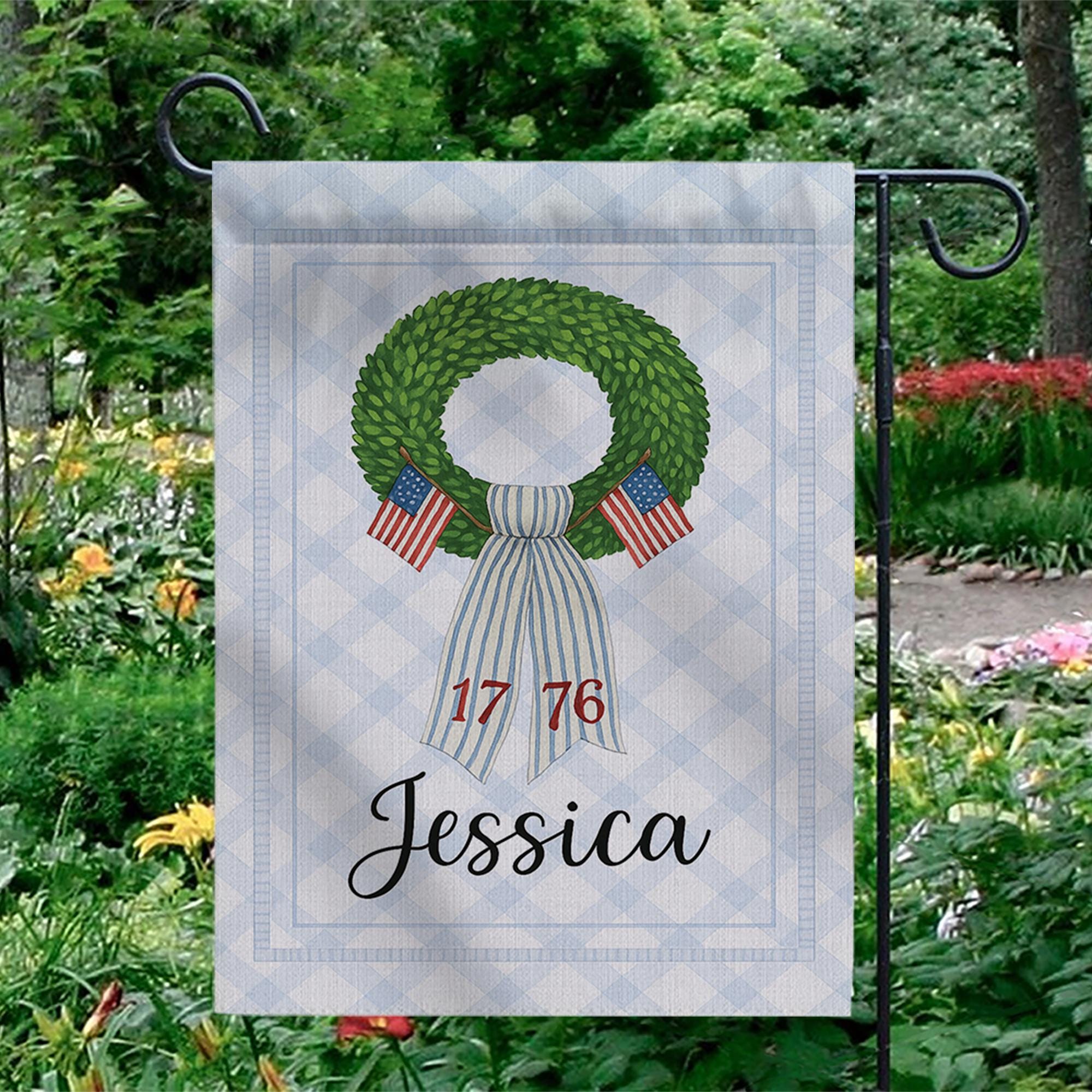 Personalized Patriotic Garden Flag – Custom Name USA Wreath Yard Banner – 1776 July 4th Decor – Independence Day Outdoor Sign