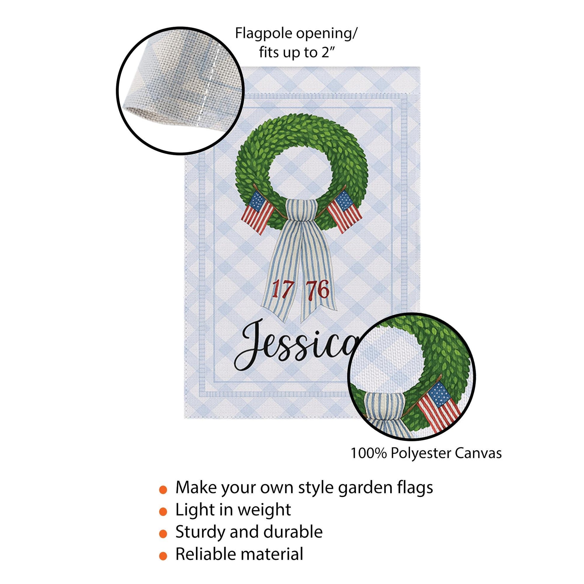 Personalized Patriotic Garden Flag – Custom Name USA Wreath Yard Banner – 1776 July 4th Decor – Independence Day Outdoor Sign