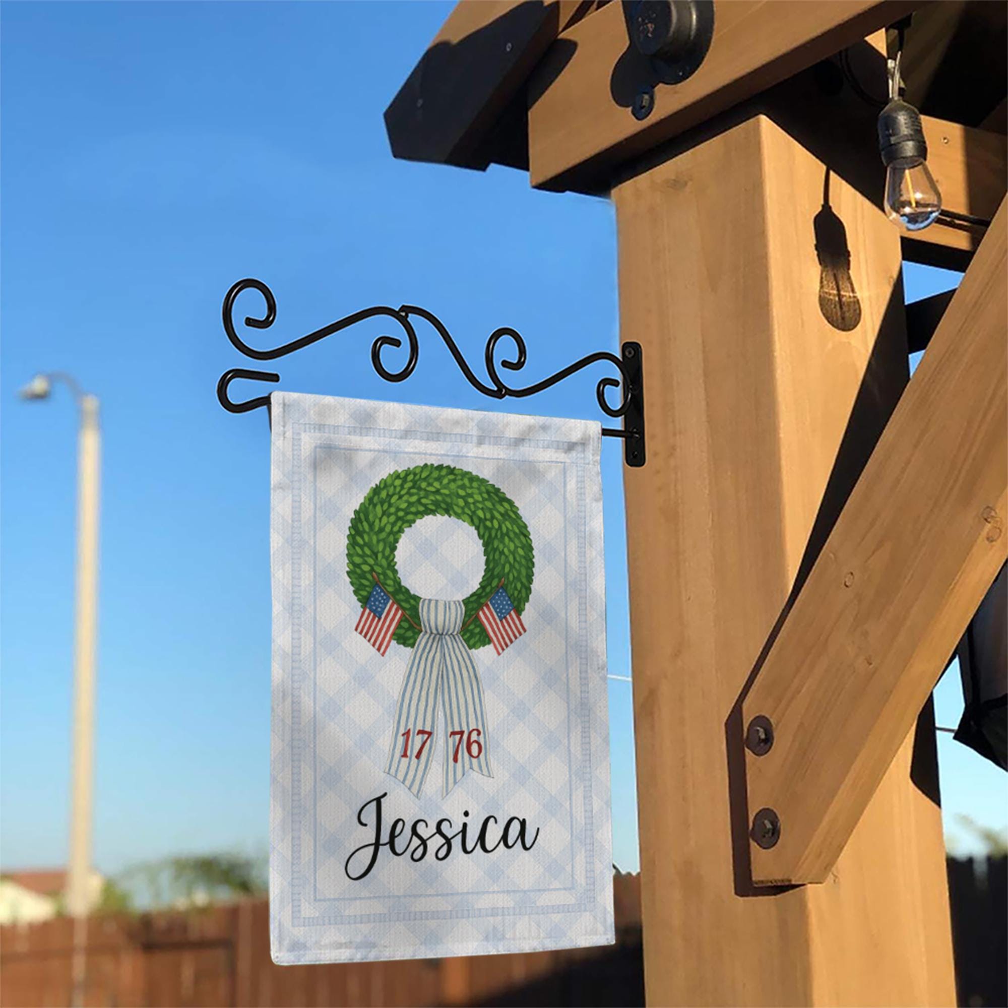 Personalized Patriotic Garden Flag – Custom Name USA Wreath Yard Banner – 1776 July 4th Decor – Independence Day Outdoor Sign