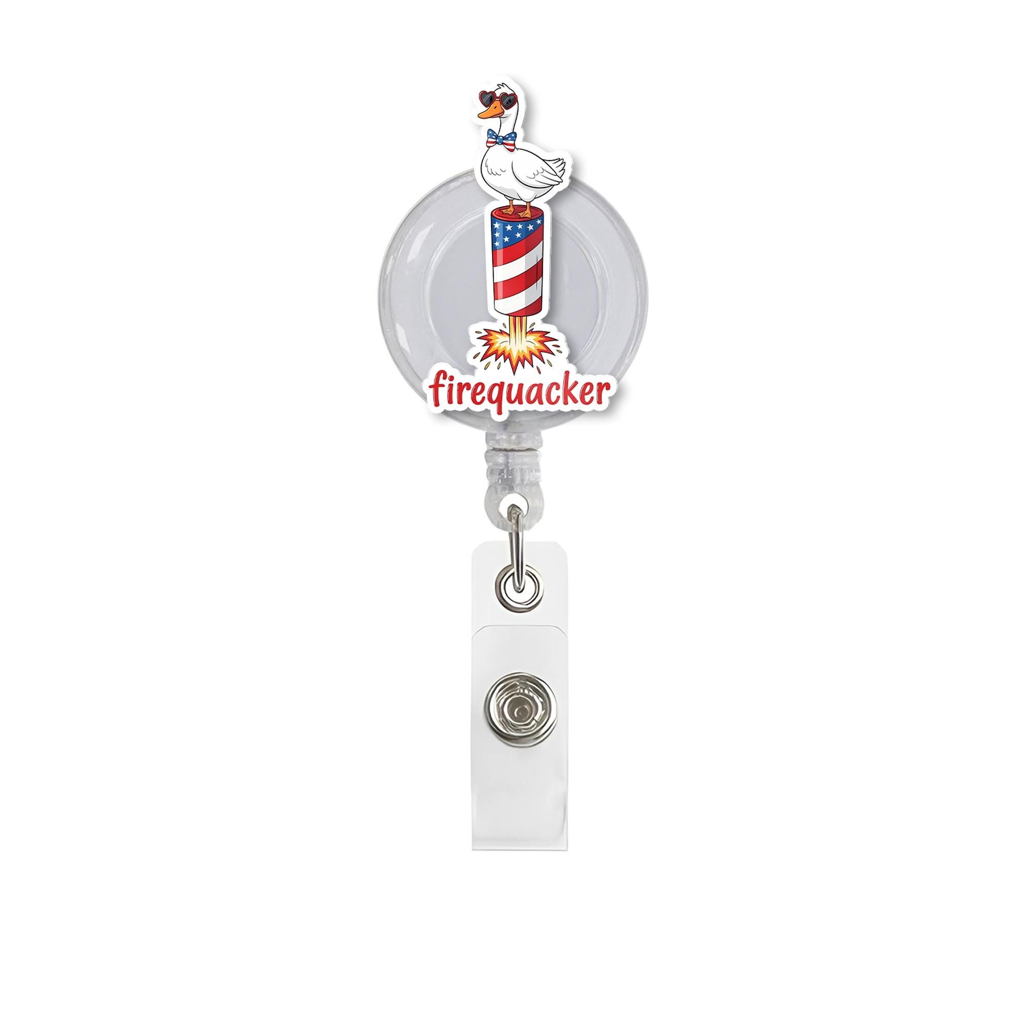 Firequacker Badge Reel – Funny Patriotic Duck ID Holder – 4th of July Retractable Nurse Clip – Red White Blue RN Badge Accessory