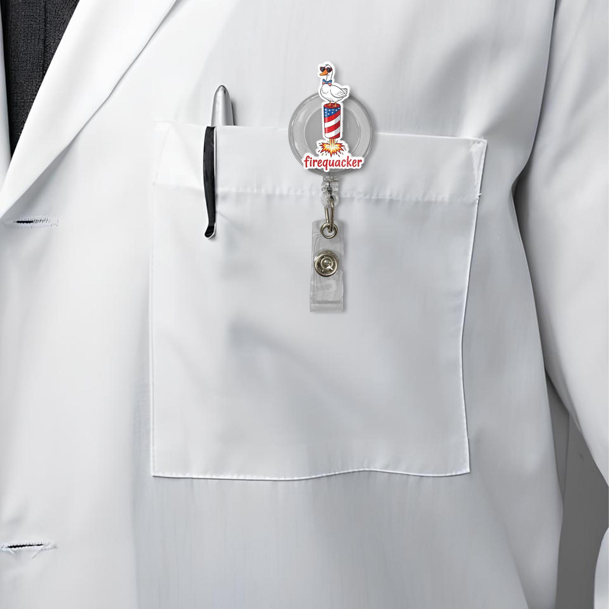 Firequacker Badge Reel – Funny Patriotic Duck ID Holder – 4th of July Retractable Nurse Clip – Red White Blue RN Badge Accessory