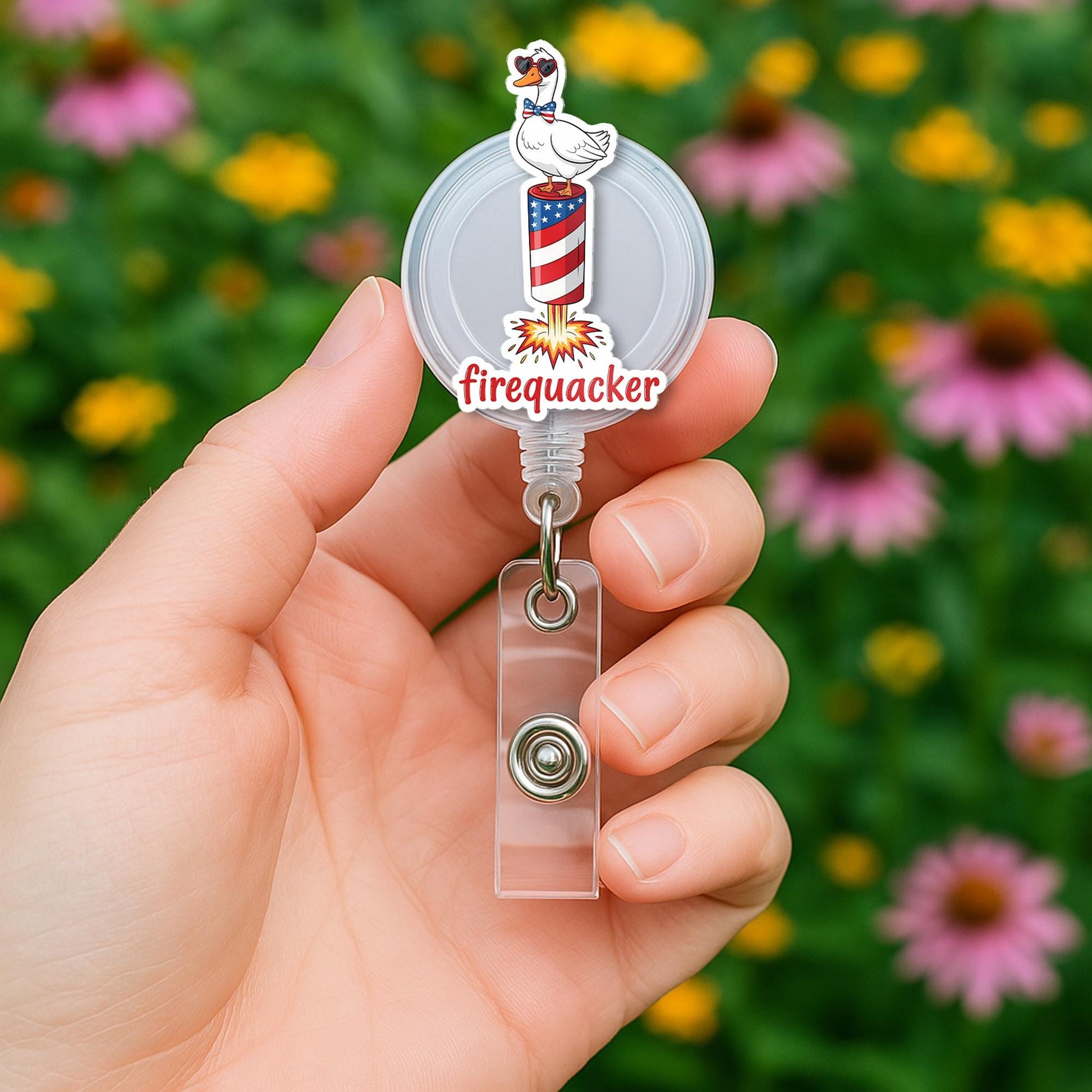 Firequacker Badge Reel – Funny Patriotic Duck ID Holder – 4th of July Retractable Nurse Clip – Red White Blue RN Badge Accessory