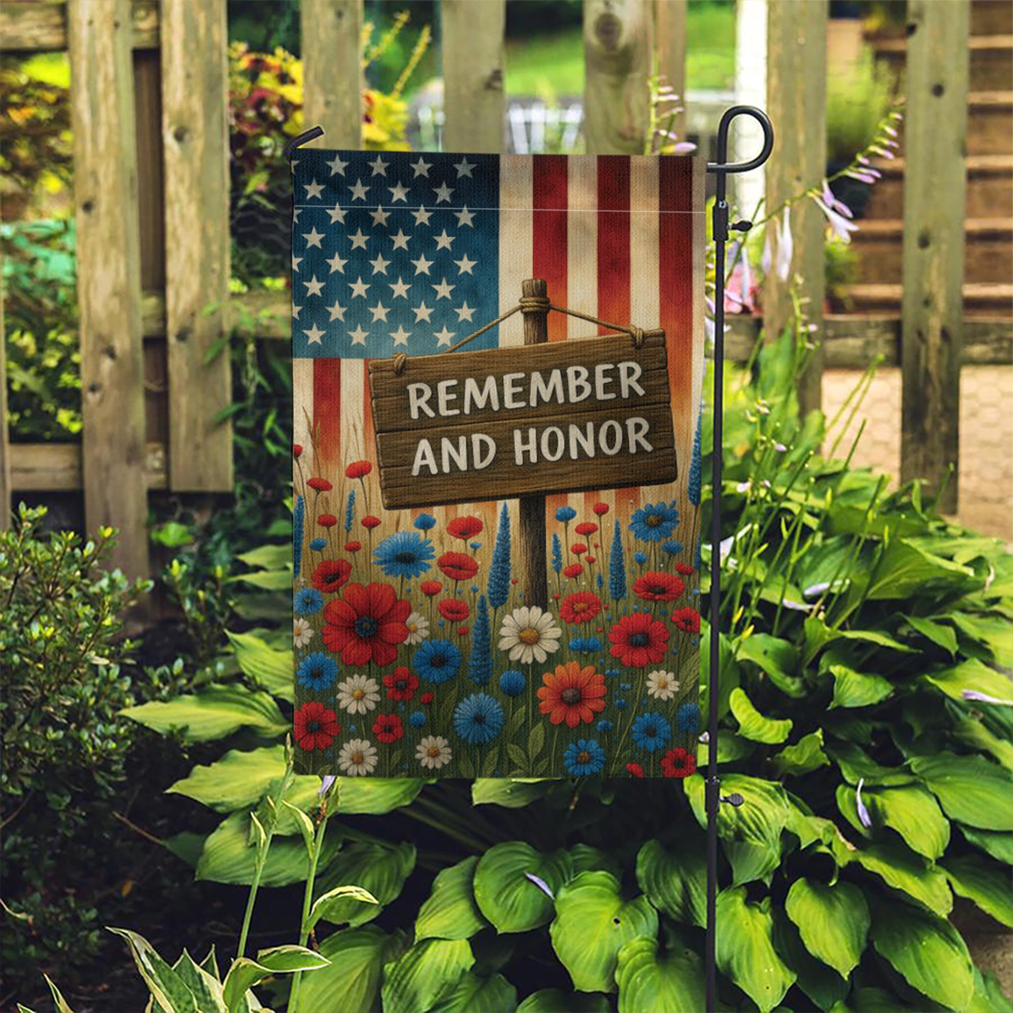 Memorial Day Garden Flag – Remember and Honor Patriotic Yard Banner – Red White Blue Floral Outdoor Decor – Veterans Day Flag USA
