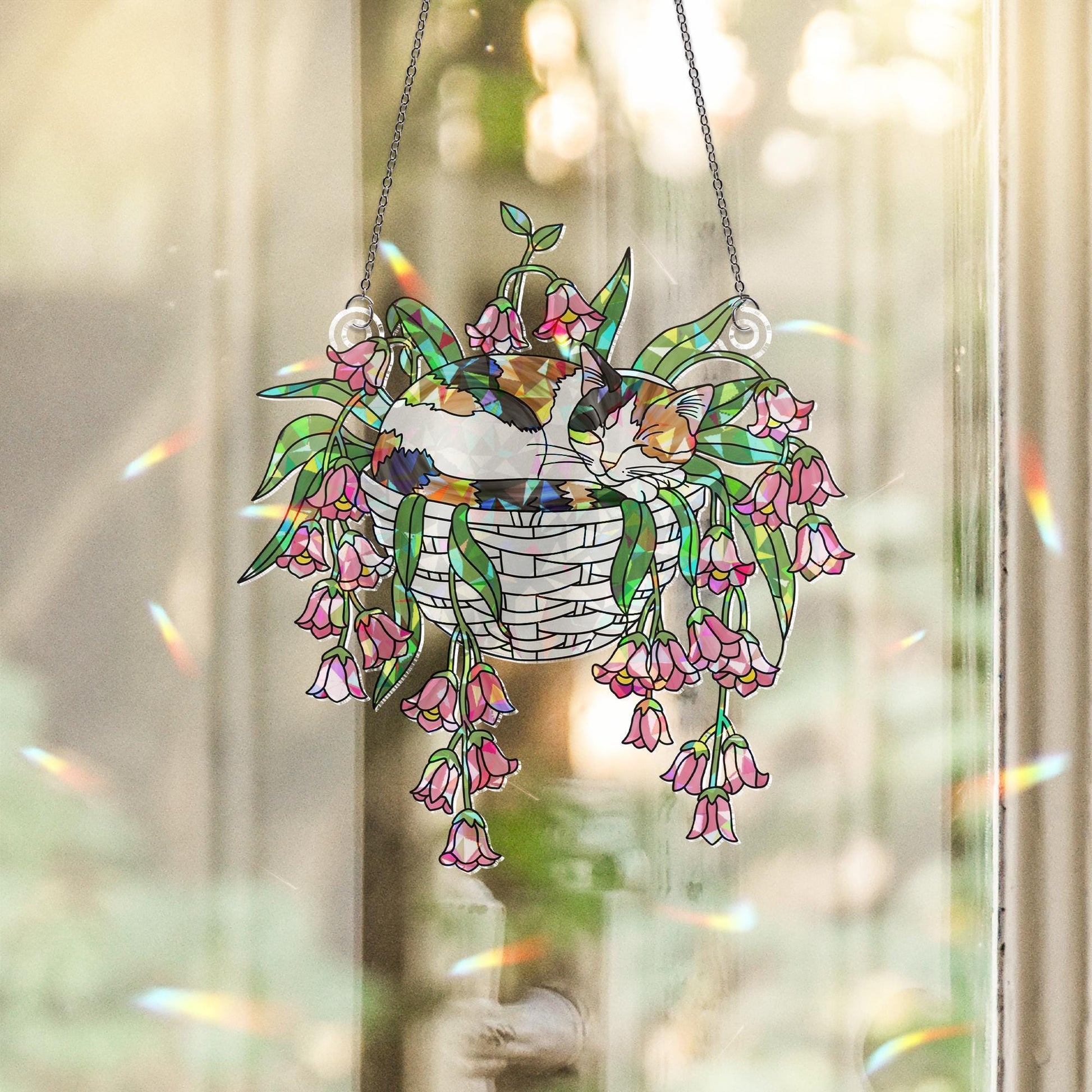 Calico Cat with Pink Lily Flowers Hologram Ornament – Sleeping Calico Cat ACRYLIC Hanging Window Decor, Lily Floral Art Gift, Cat Lover Gift