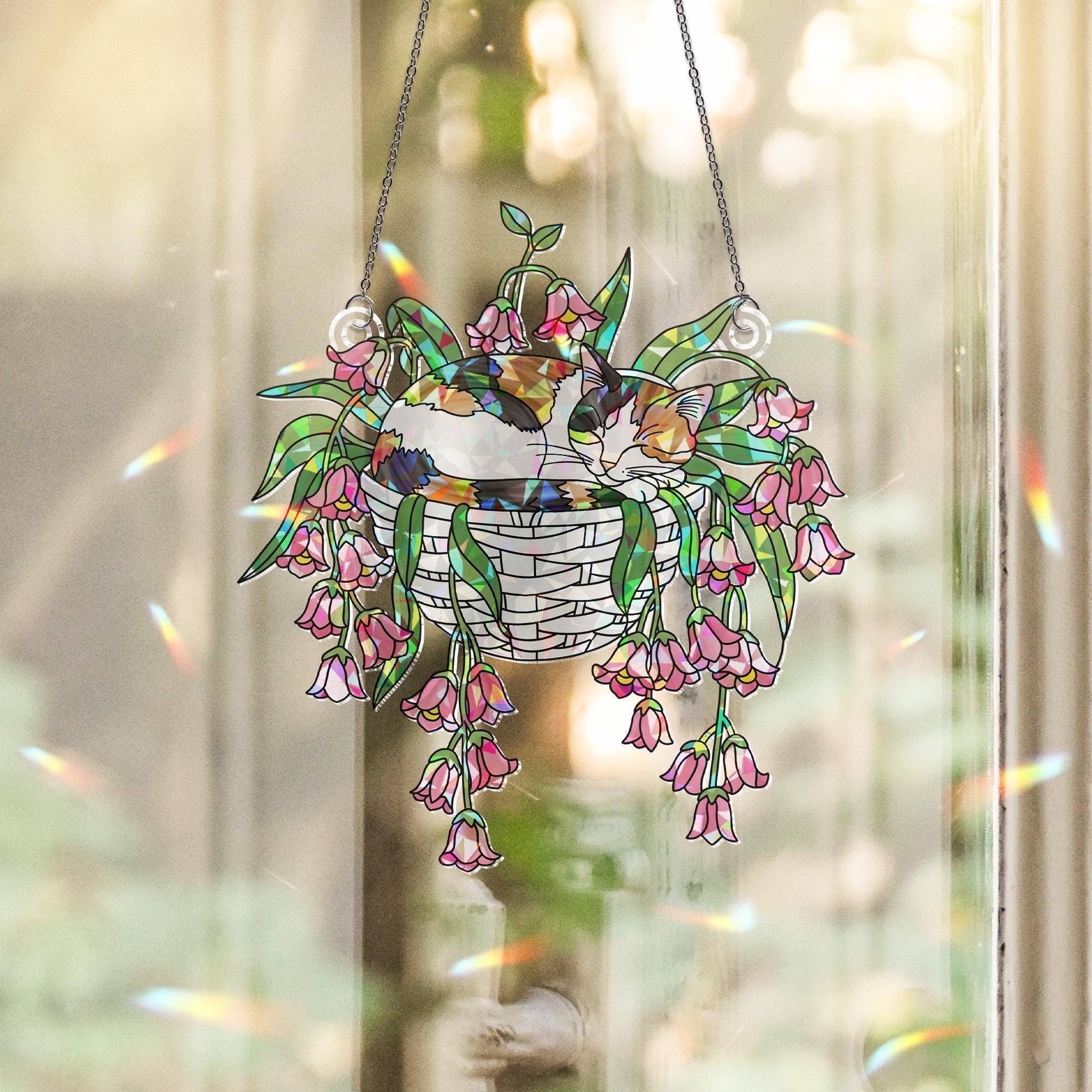 Calico Cat with Pink Lily Flowers Hologram Ornament – Sleeping Calico Cat ACRYLIC Hanging Window Decor, Lily Floral Art Gift, Cat Lover Gift