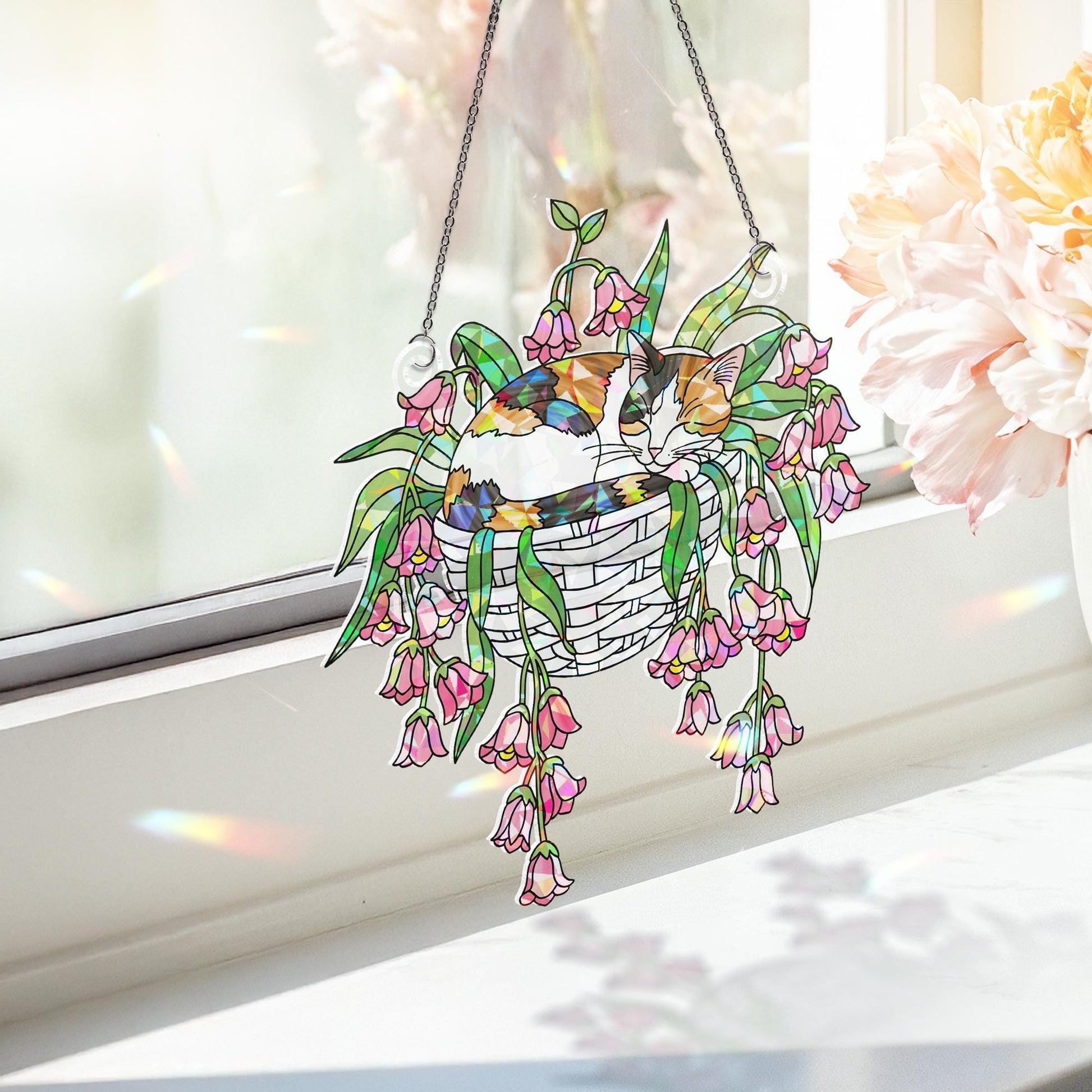 Calico Cat with Pink Lily Flowers Hologram Ornament – Sleeping Calico Cat ACRYLIC Hanging Window Decor, Lily Floral Art Gift, Cat Lover Gift