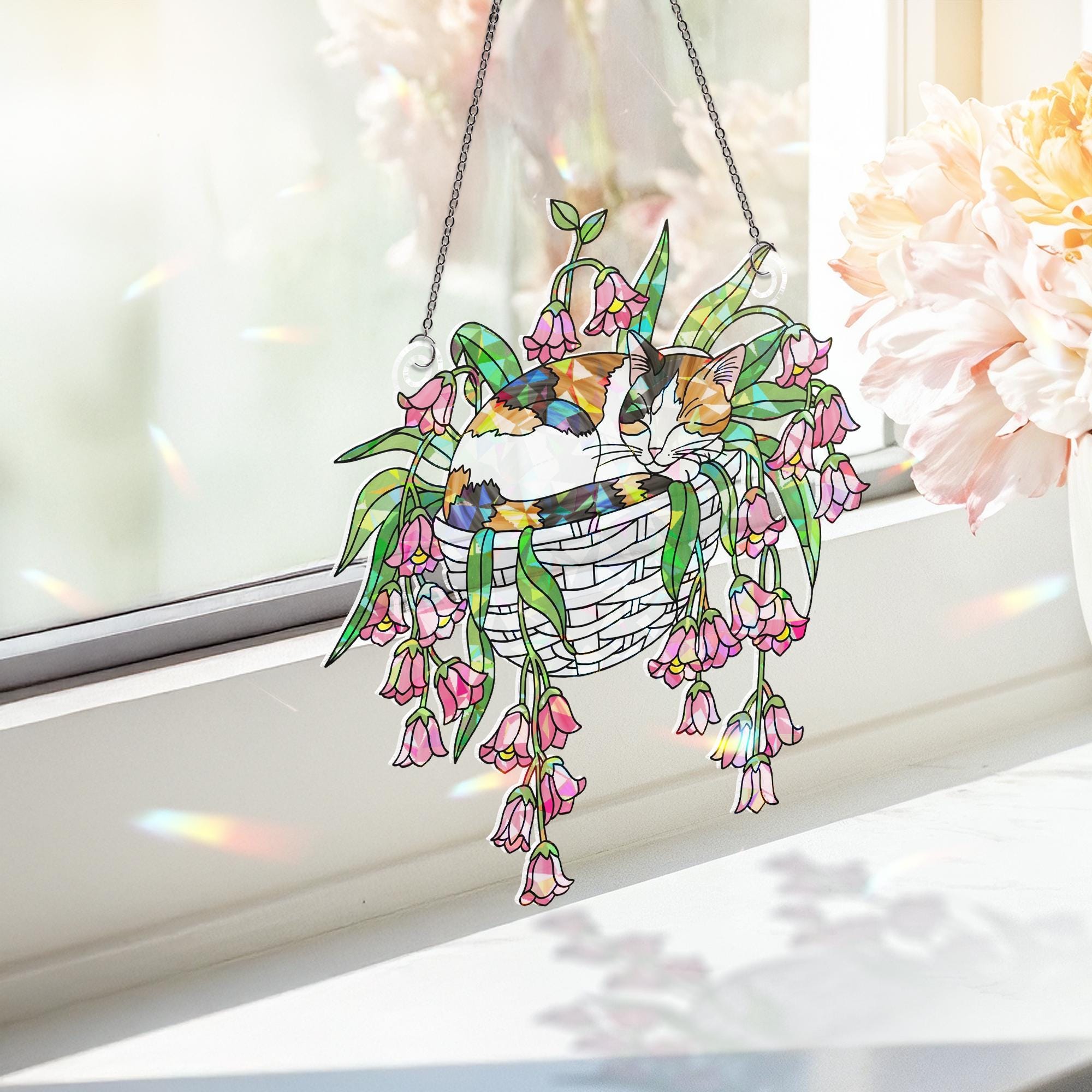 Calico Cat with Pink Lily Flowers Hologram Ornament – Sleeping Calico Cat ACRYLIC Hanging Window Decor, Lily Floral Art Gift, Cat Lover Gift