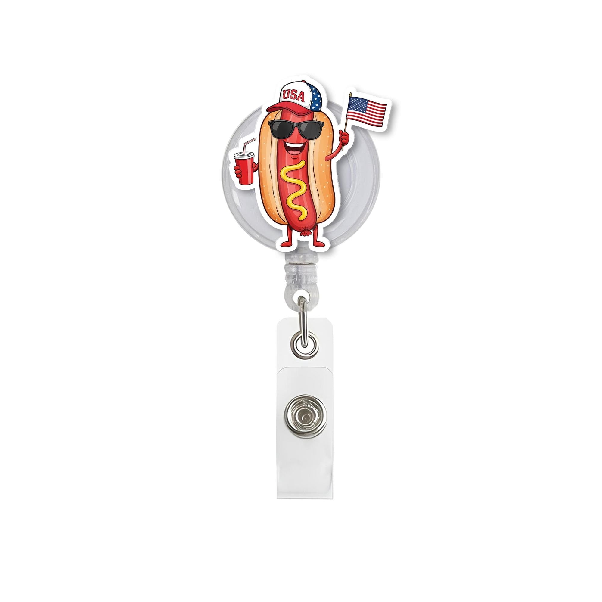 Patriotic Hot Dog Badge Reel – Funny 4th of July ID Clip – Summer BBQ USA Nurse Gift – Retractable Badge Holder with Flag
