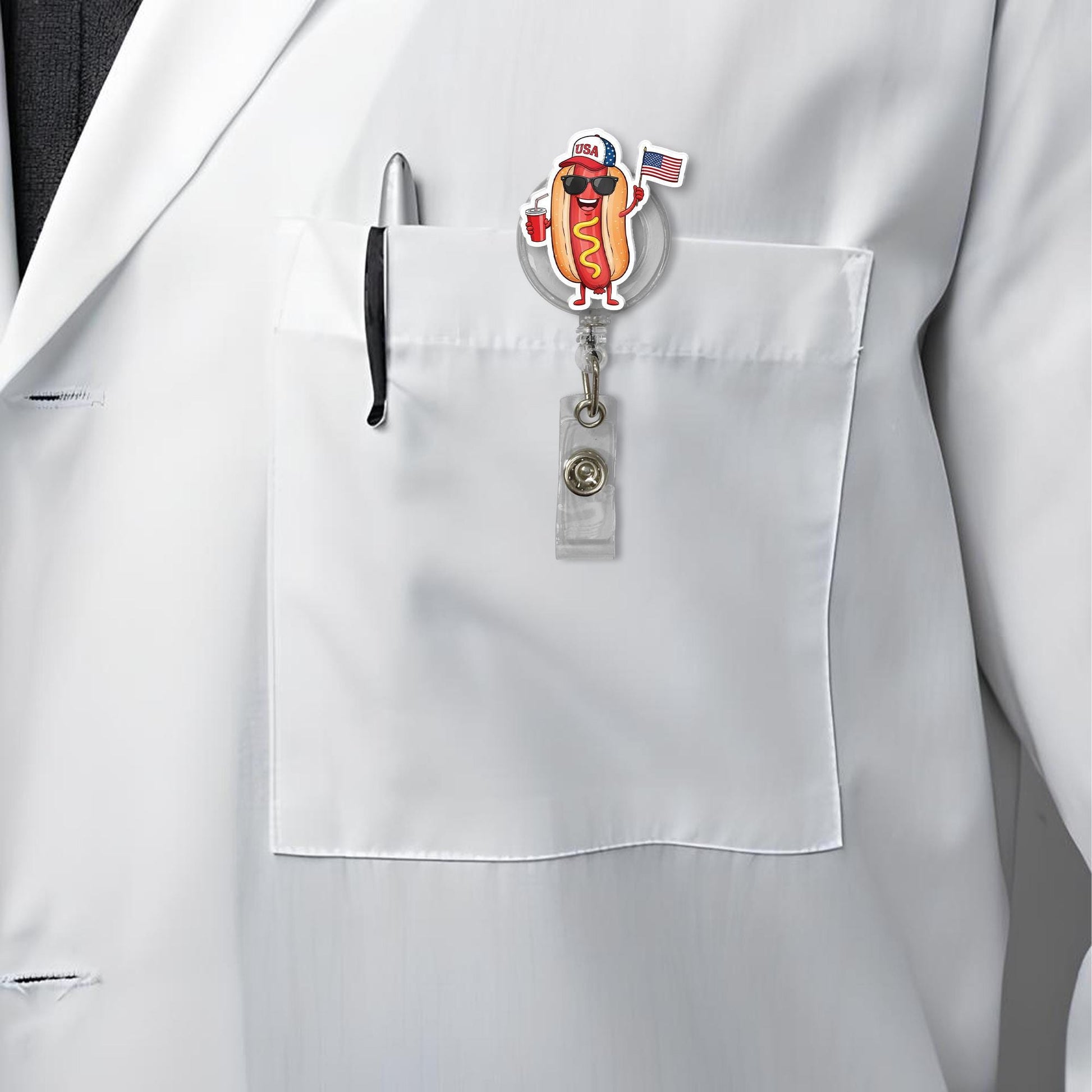 Patriotic Hot Dog Badge Reel – Funny 4th of July ID Clip – Summer BBQ USA Nurse Gift – Retractable Badge Holder with Flag