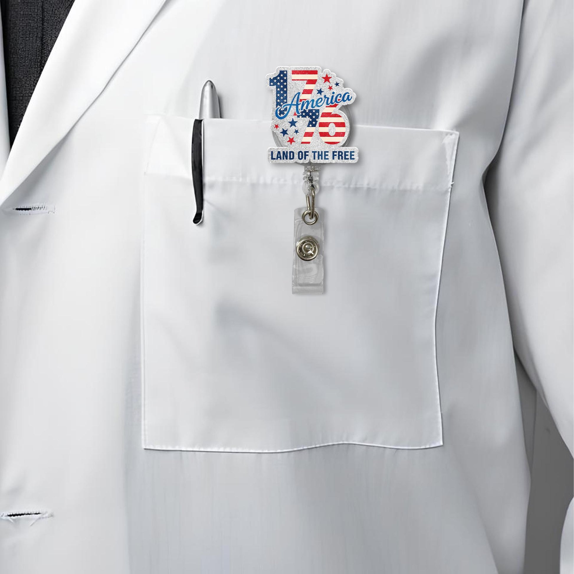 1776 Land of the Free Badge Reel – Patriotic USA ID Holder – 4th of July Retractable Clip – Red White Blue Nurse Badge Accessory