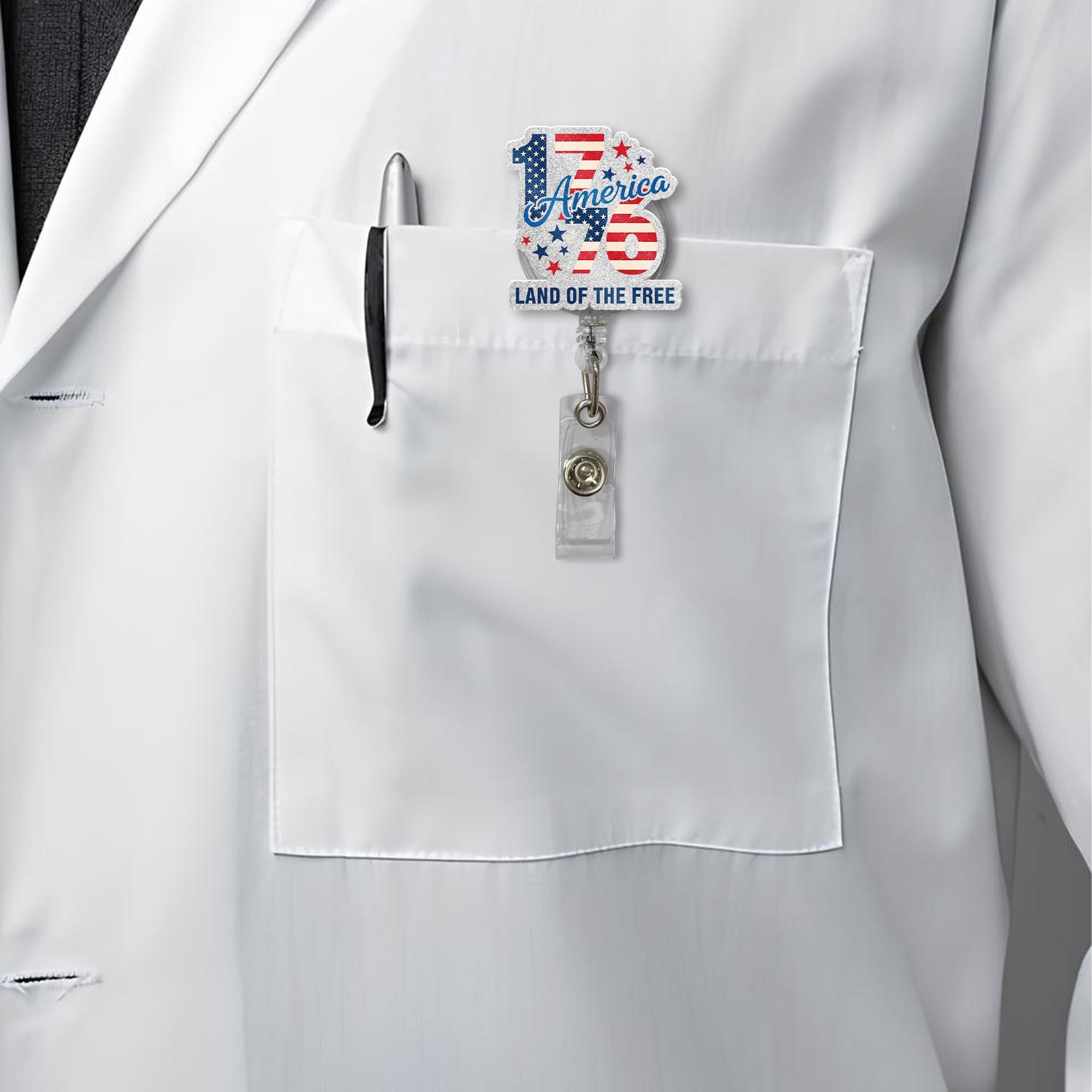 1776 Land of the Free Badge Reel – Patriotic USA ID Holder – 4th of July Retractable Clip – Red White Blue Nurse Badge Accessory