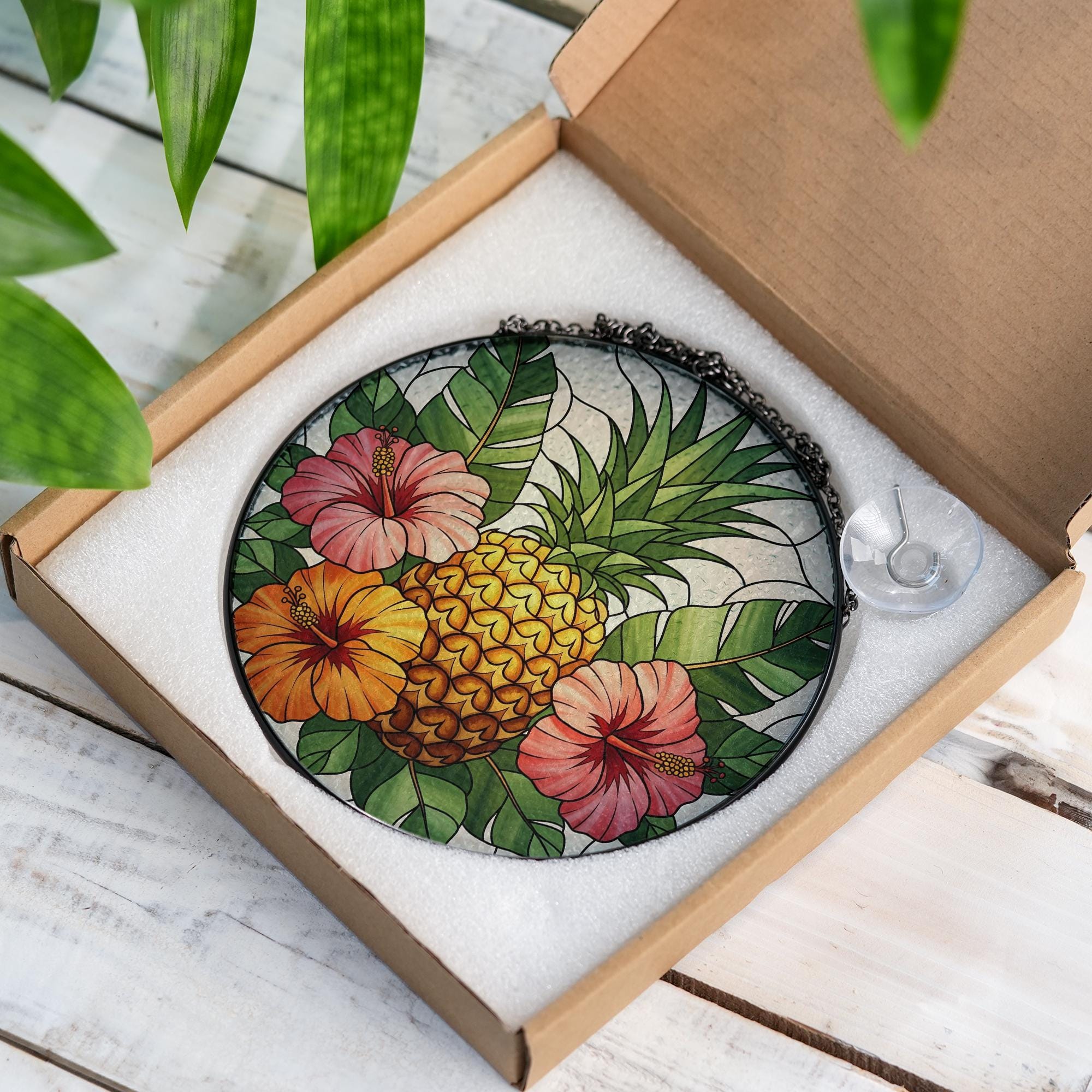 Tropical Pineapple Glass Suncatcher – Window Hanging with Hibiscus Flowers, Summer Beach House Sun Catcher Decor, Tropical Flower Decor