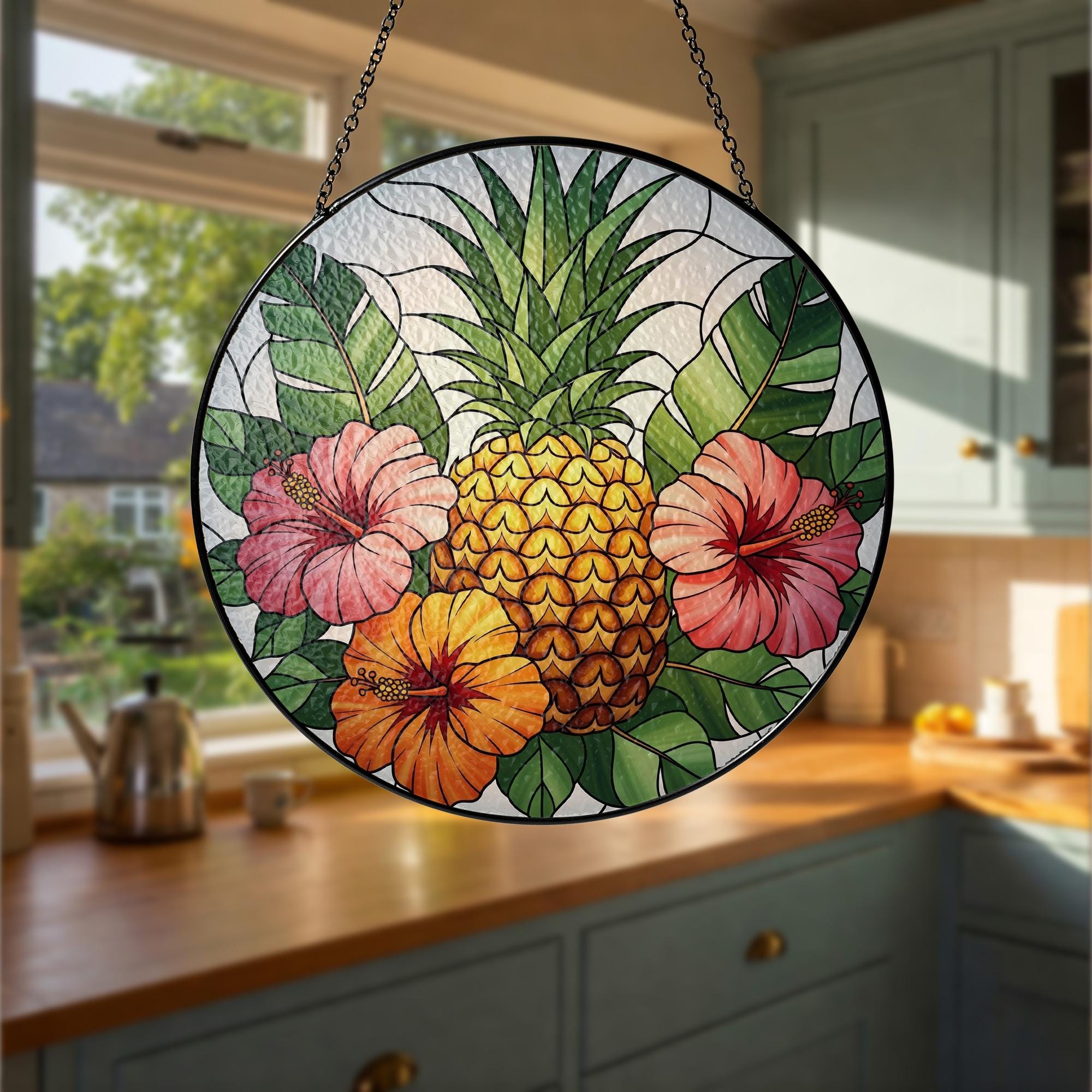 Tropical Pineapple Glass Suncatcher – Window Hanging with Hibiscus Flowers, Summer Beach House Sun Catcher Decor, Tropical Flower Decor