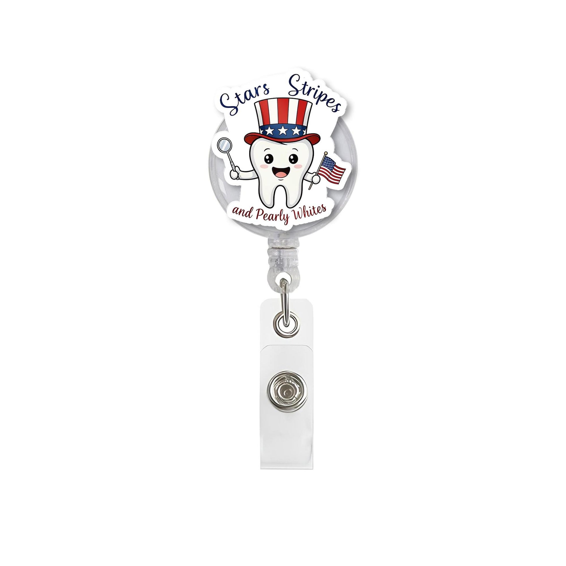 Stars Stripes Pearly Whites Badge Reel – Patriotic Tooth ID Clip – 4th of July Dental Hygienist Gift – Cute USA Retractable Holder