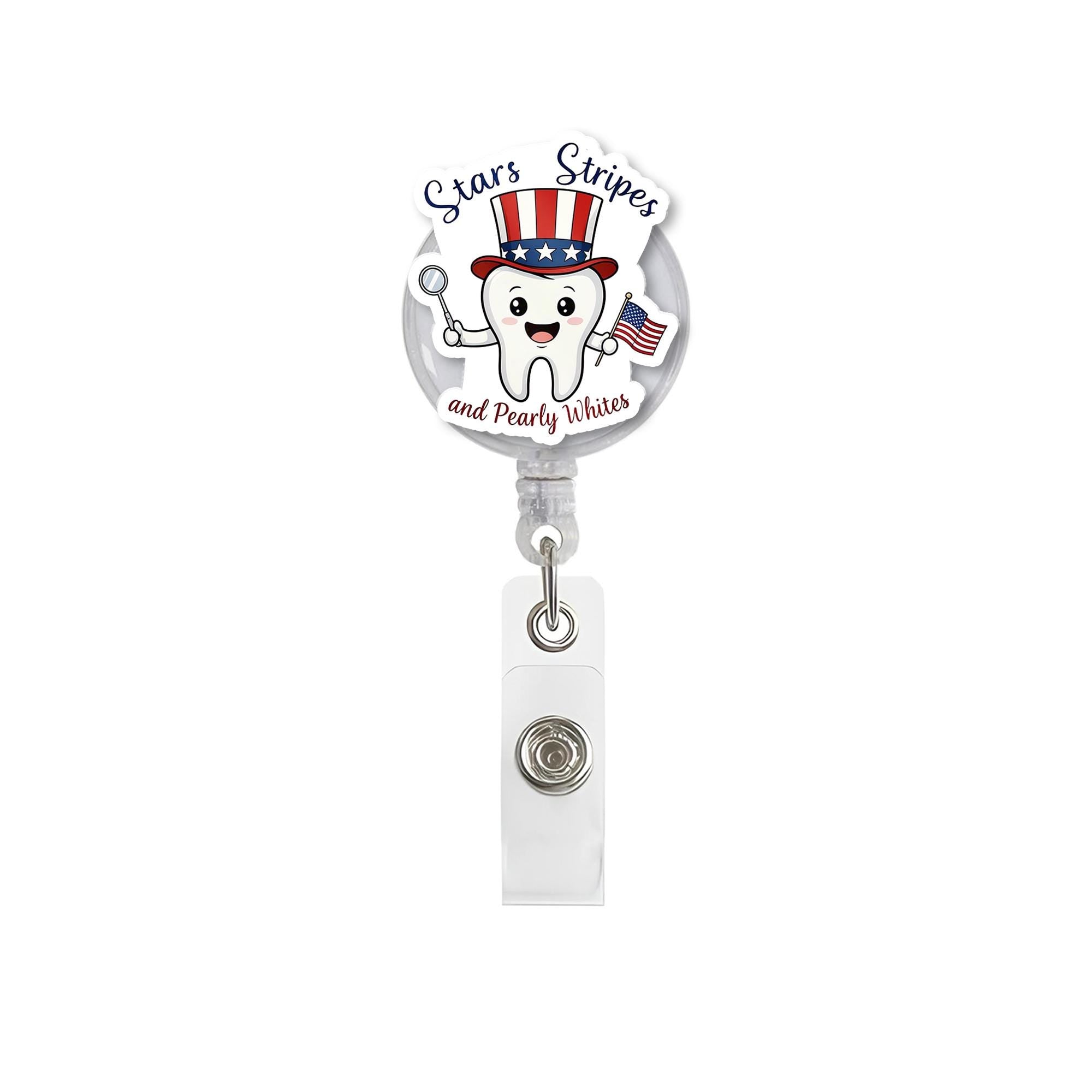 Stars Stripes Pearly Whites Badge Reel – Patriotic Tooth ID Clip – 4th of July Dental Hygienist Gift – Cute USA Retractable Holder