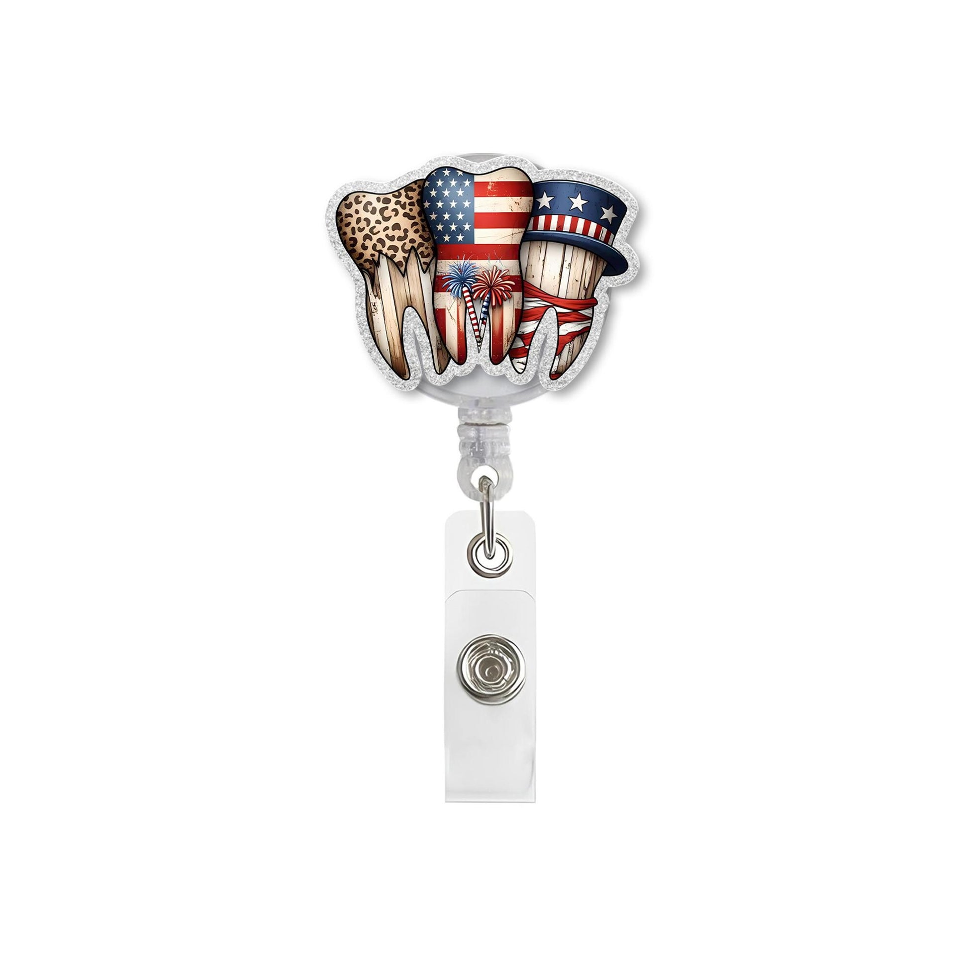 Patriotic Teeth Badge Reel – 4th of July Dental Hygienist ID Clip – Leopard Tooth USA Retractable Holder – Cute Dentist Office Gift